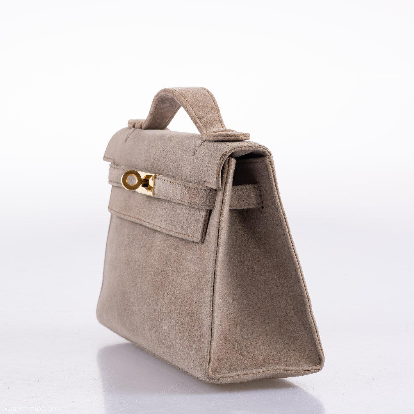Hermès JPG Kelly Pochette Gris Pale Veau Doblis Suede Gold Hardware