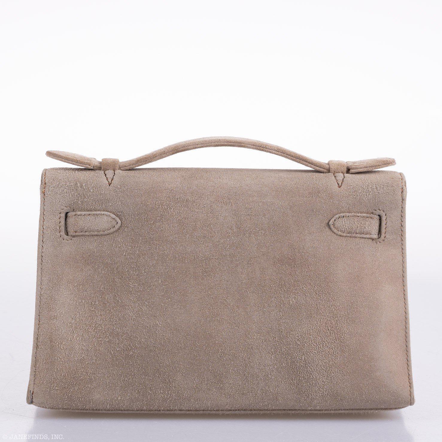 Hermès JPG Kelly Pochette Gris Pale Veau Doblis Suede Gold Hardware