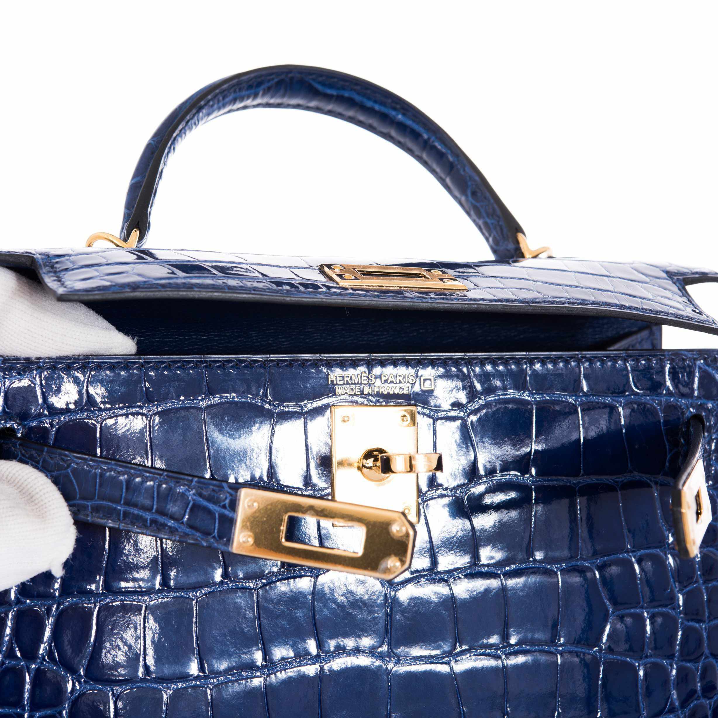 Hermès Kelly 20 Bleu Saphir Crocodile Gold Hardware