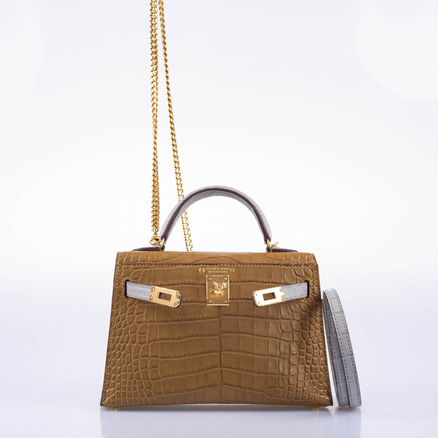 Hermès Kelly 20 HSS Mini II Sellier Gris Perle Matte Alligator Jaune Ambre Interior Permabrass Hardware