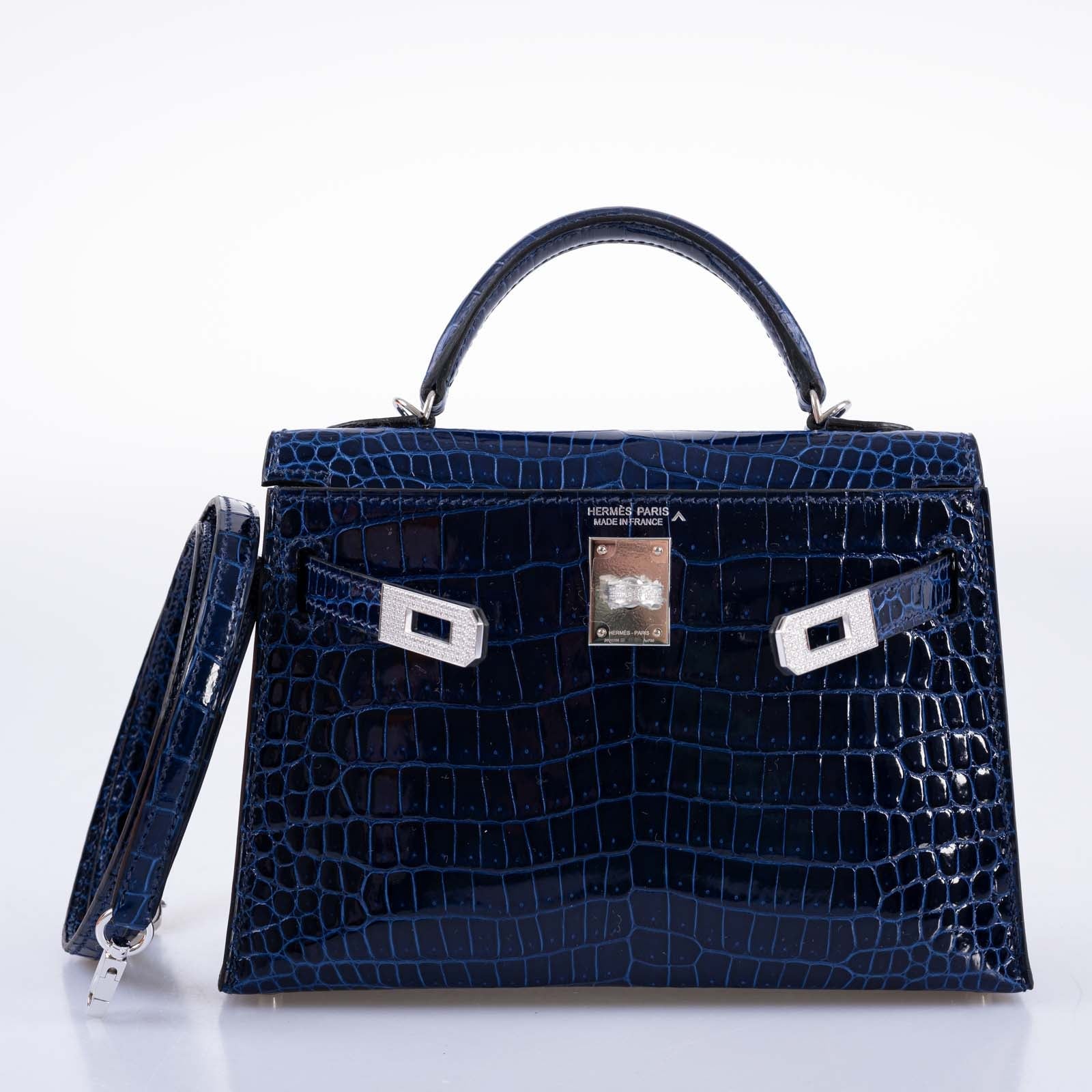 Hermès Kelly 20 Mini II Sellier Blue Sapphire Porosus Crocodile White Gold Hardware with Diamonds
