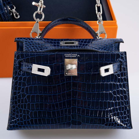 Hermès Kelly 20 Mini II Sellier Blue Sapphire Porosus Crocodile White Gold Hardware with Diamonds