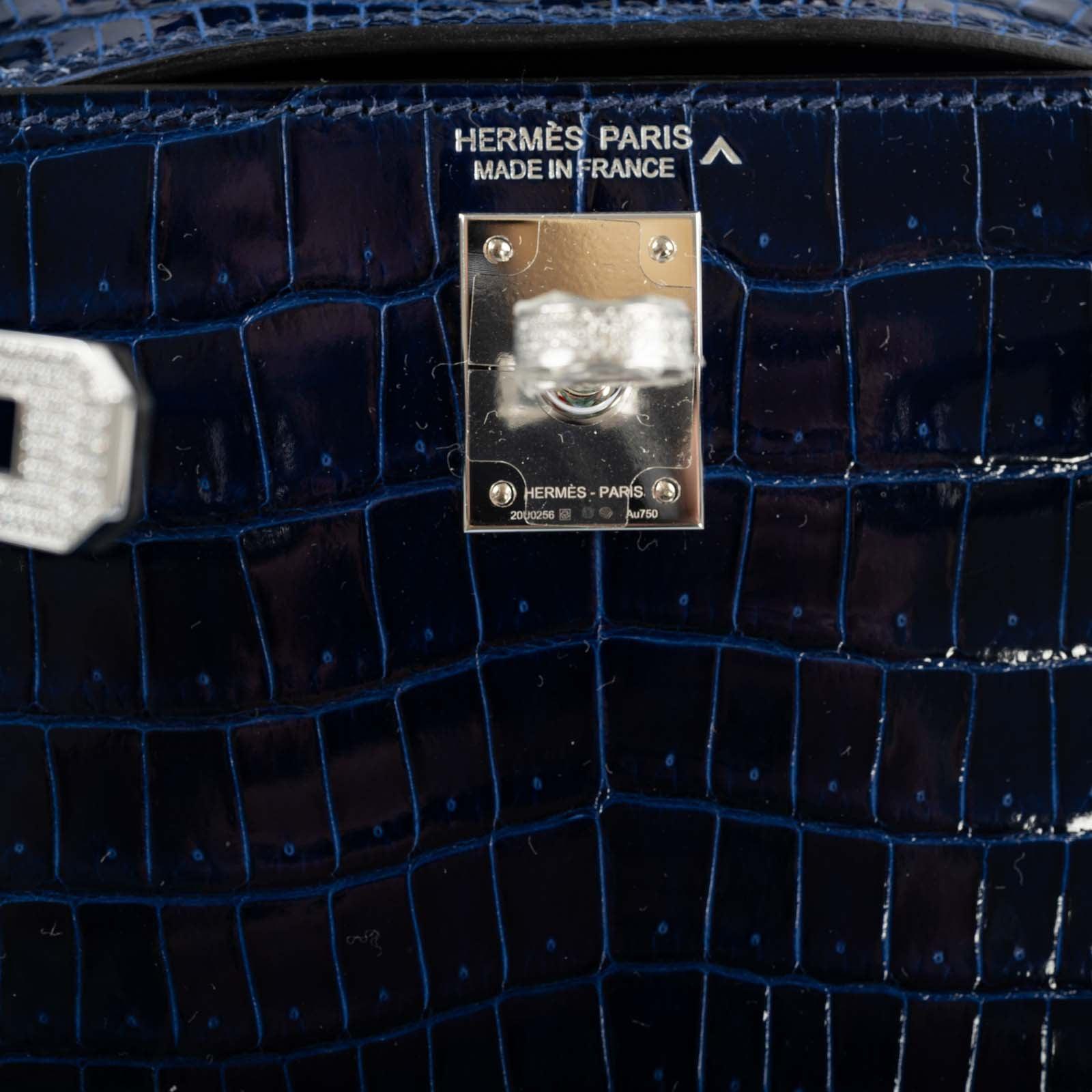 Hermès Kelly 20 Mini II Sellier Blue Sapphire Porosus Crocodile White Gold Hardware with Diamonds