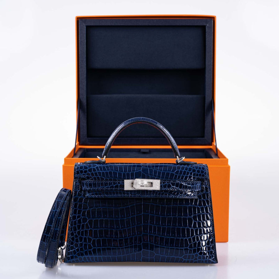 Hermès Kelly 20 Mini II Sellier Blue Sapphire Porosus Crocodile White Gold Hardware with Diamonds
