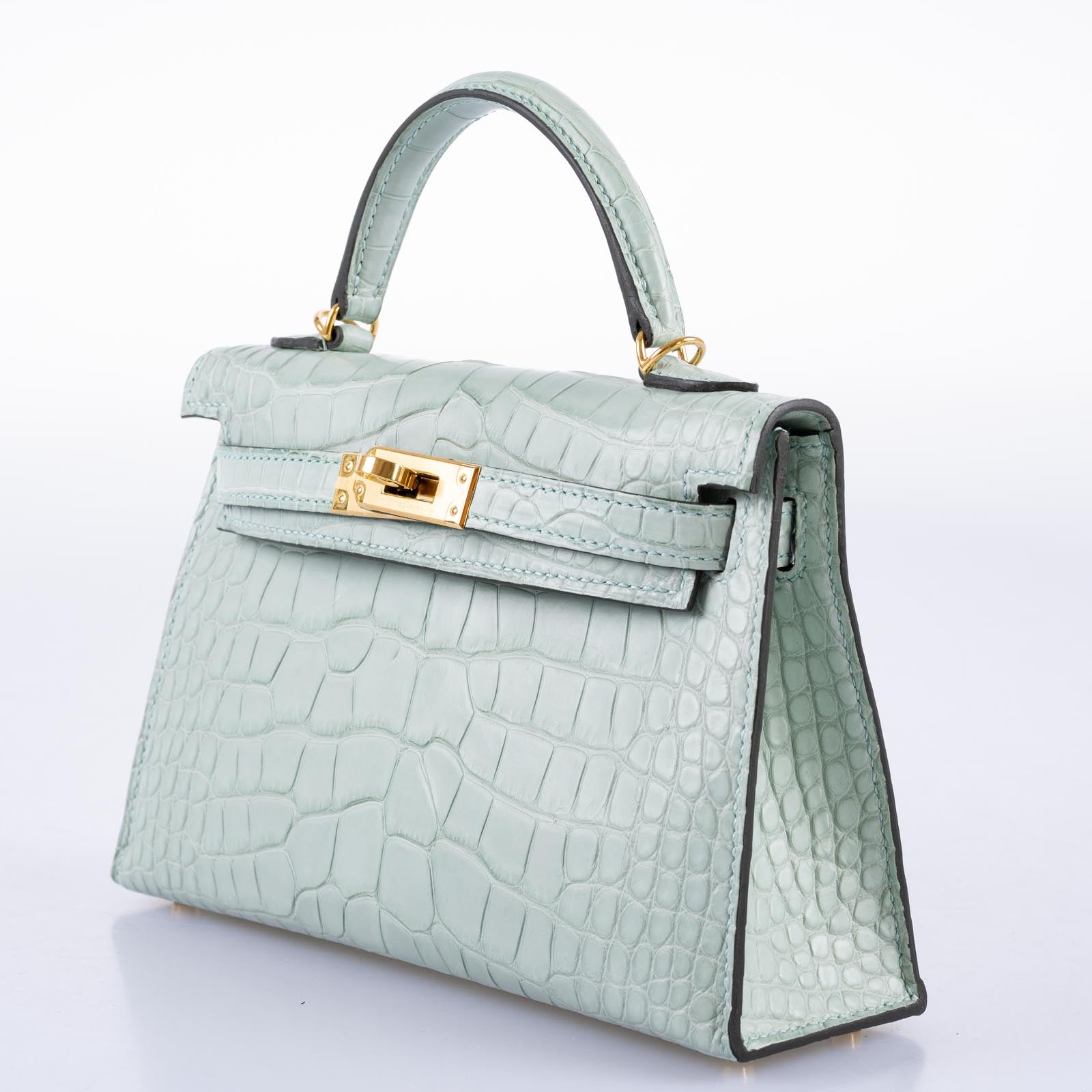 Hermès Kelly 20 Mini II Sellier Vert D'Eau Matte Alligator Gold Hardware