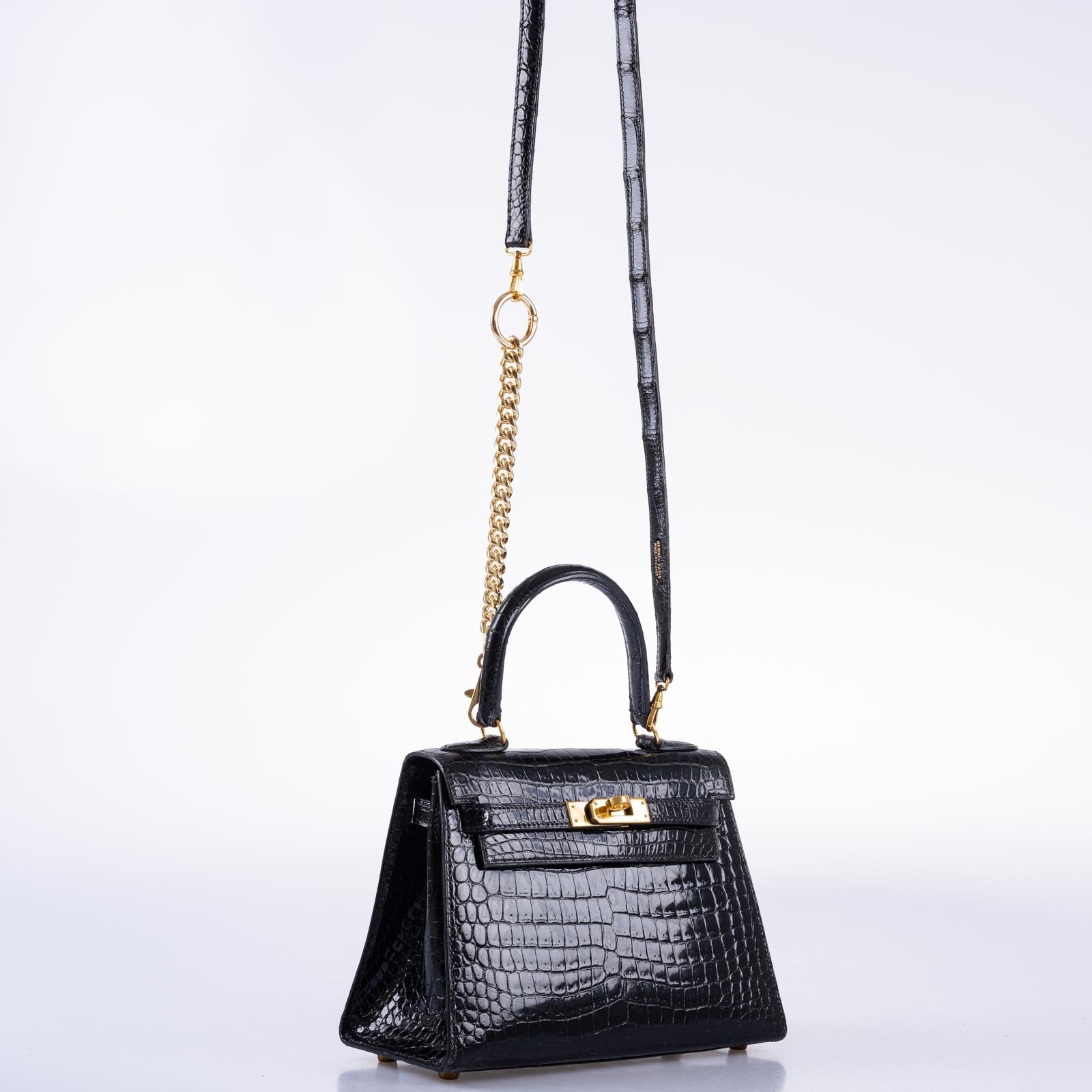 Hermès Kelly 20 Mini Sellier Vintage Shiny Black Noir Porosus Crocodile with Gold Hardware