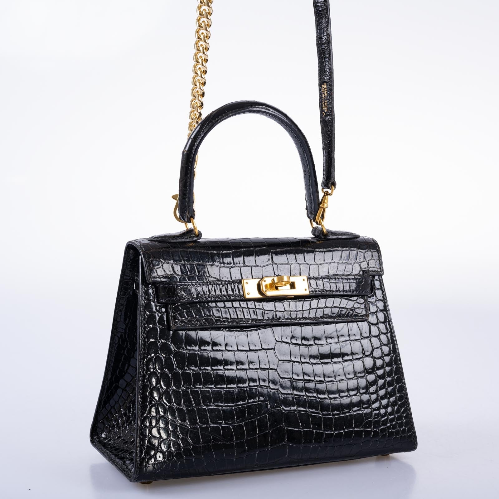 Hermès Kelly 20 Mini Sellier Vintage Shiny Black Noir Porosus Crocodile with Gold Hardware