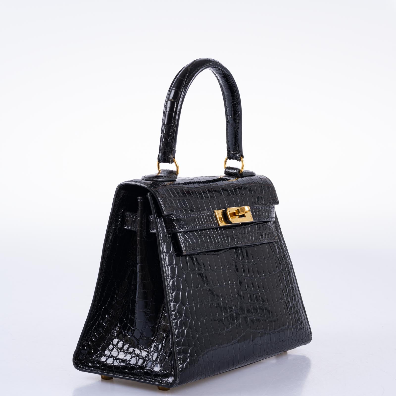 Hermès Kelly 20 Mini Sellier Vintage Shiny Black Noir Porosus Crocodile with Gold Hardware
