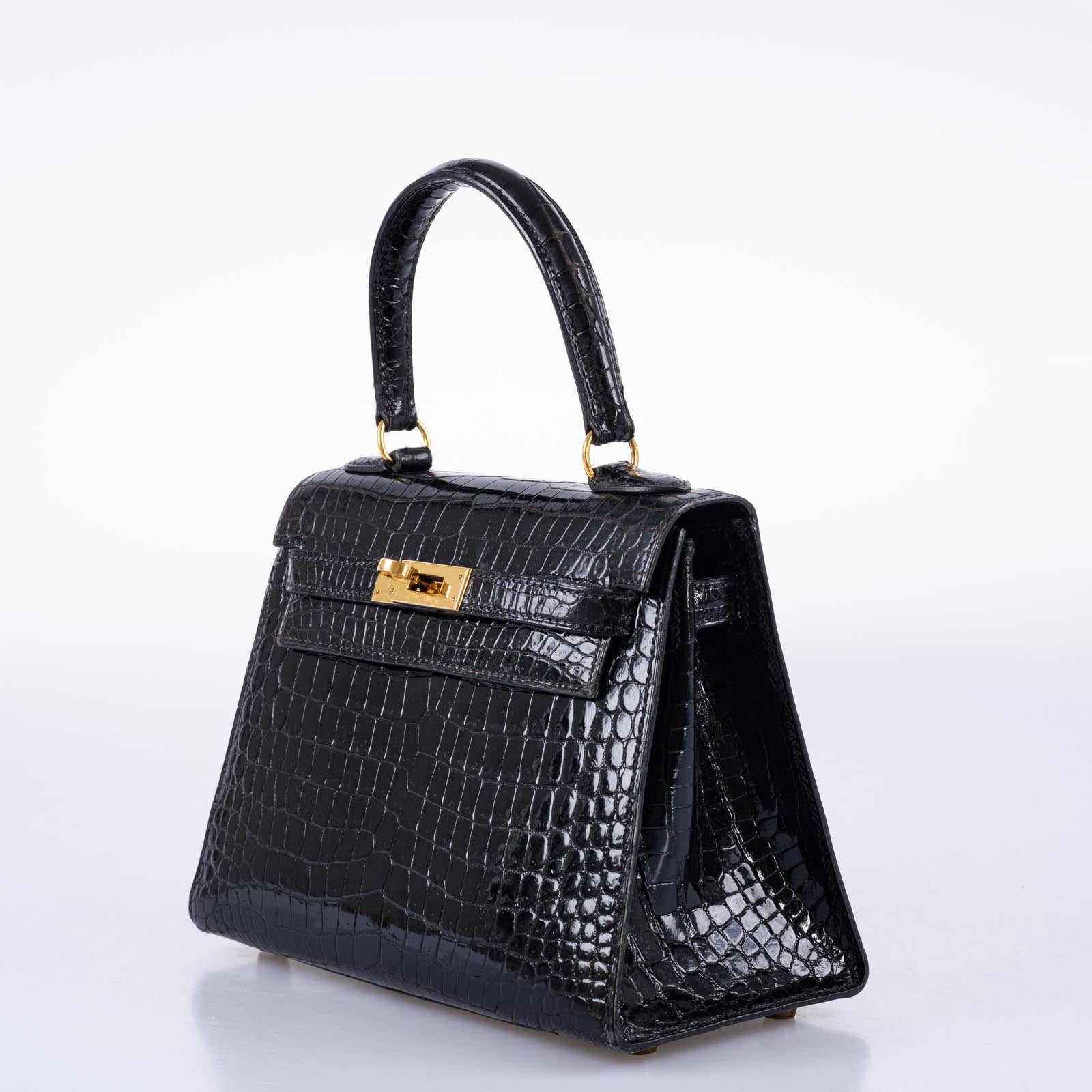 Hermès Kelly 20 Mini Sellier Vintage Shiny Black Noir Porosus Crocodile with Gold Hardware
