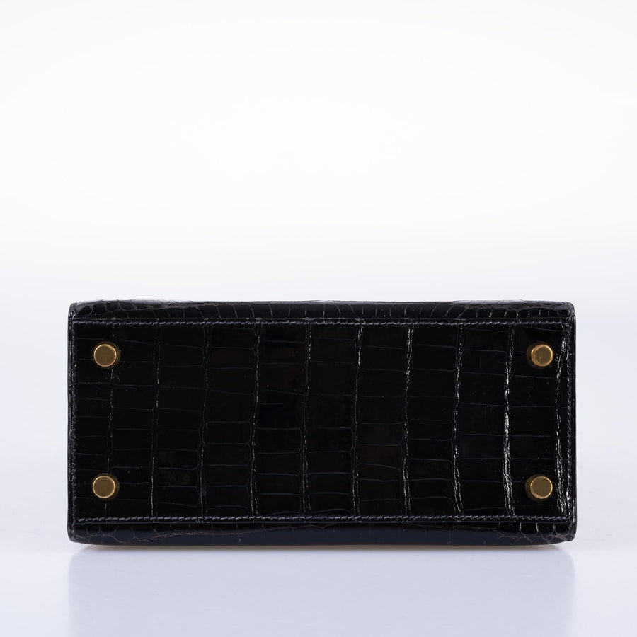 Hermès Kelly 20 Mini Sellier Vintage Shiny Black Noir Porosus Crocodile with Gold Hardware