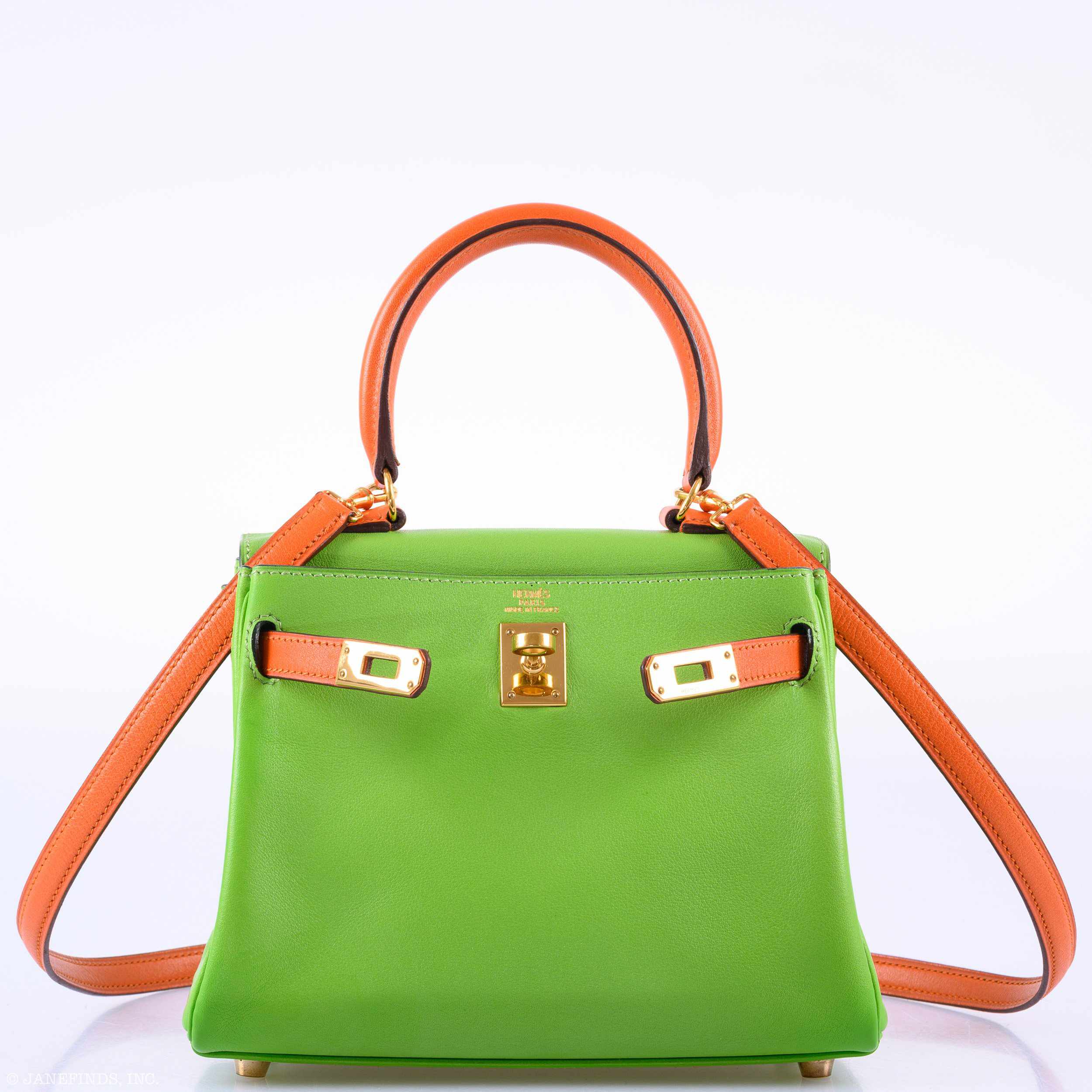 Hermès Kelly 20 Retourne Vert Cru and Orange H Gulliver Gold Hardware