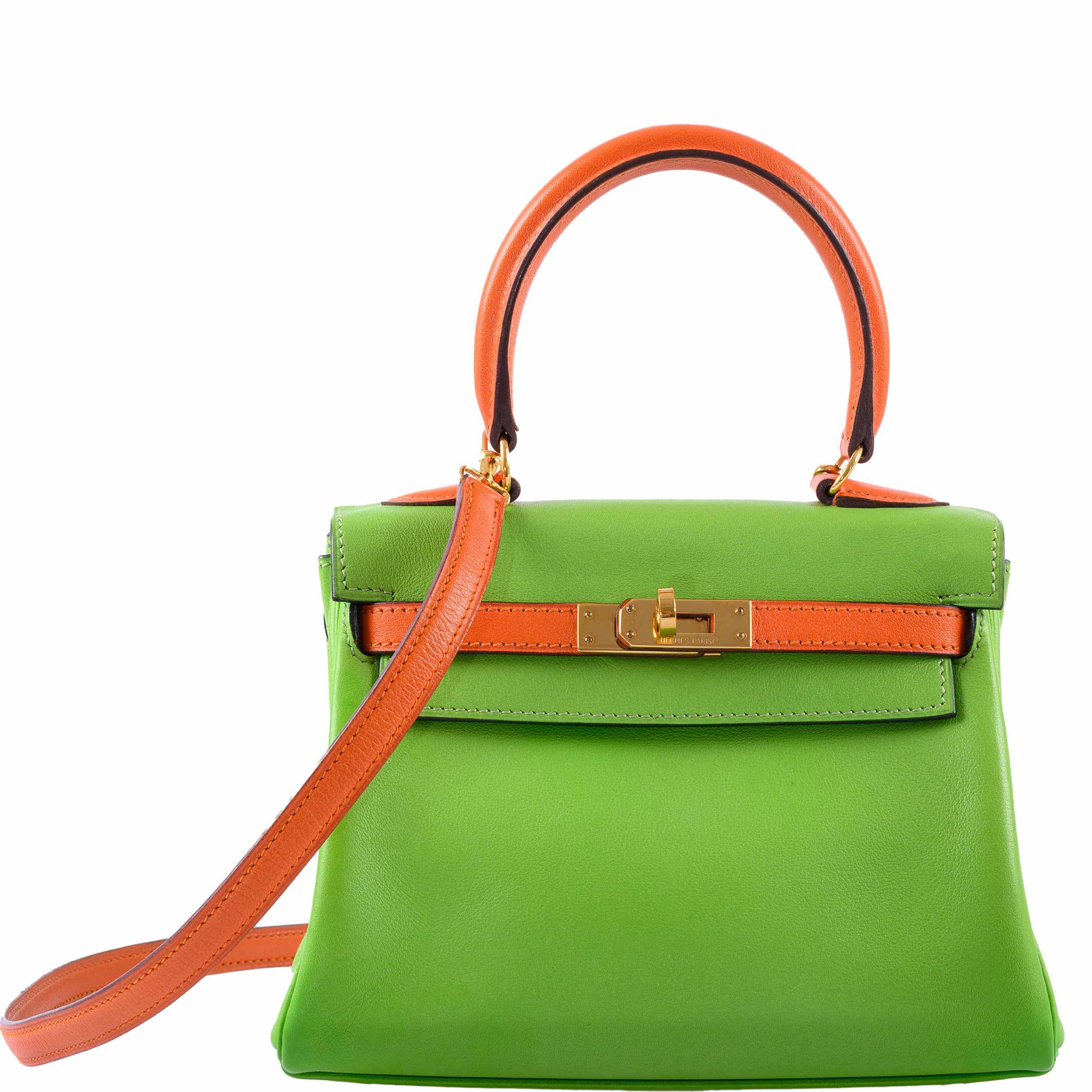 Hermès Kelly 20 Retourne Vert Cru and Orange H Gulliver Gold Hardware
