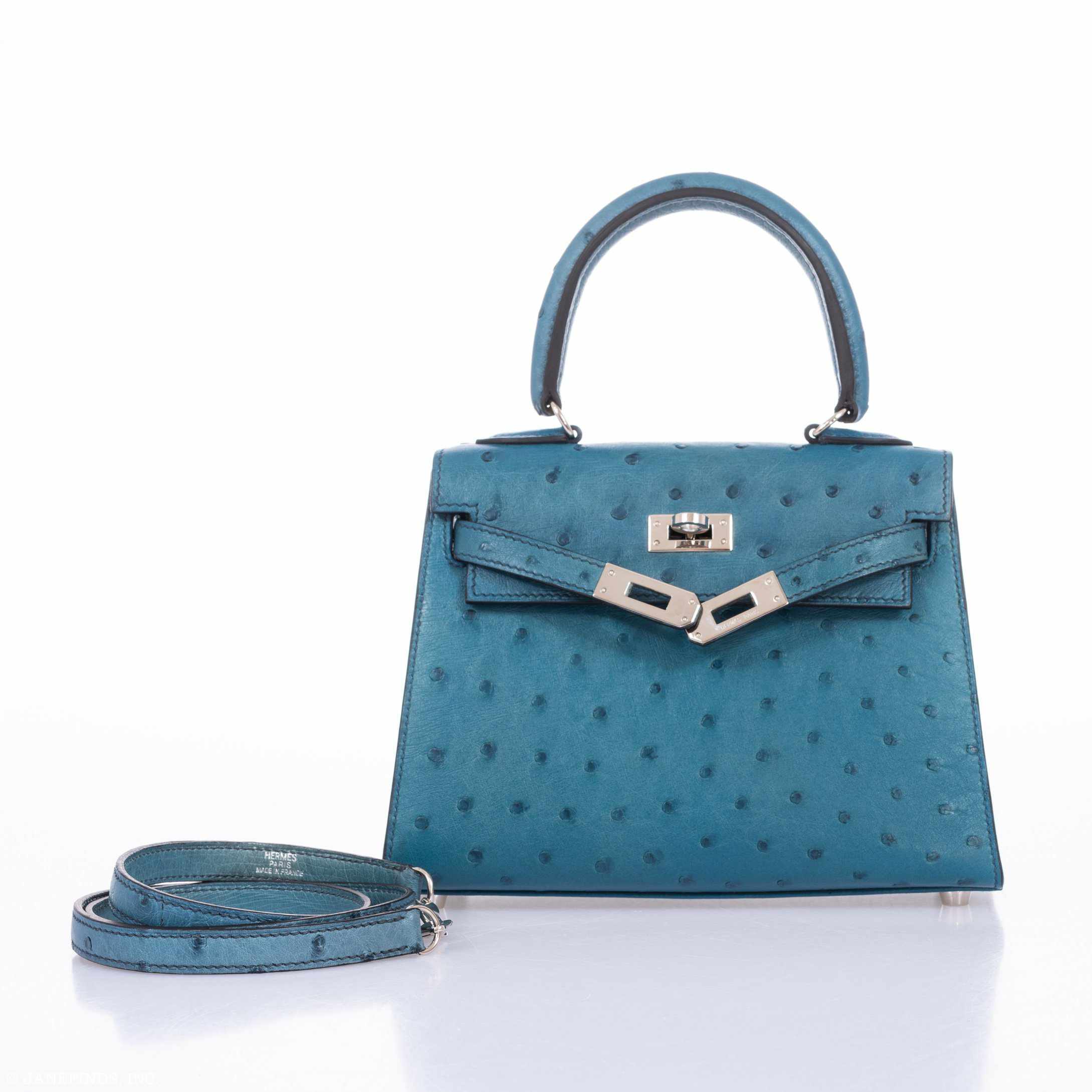 Hermès Kelly 20 Sellier Blue Jean Ostrich Palladium Hardware - Rare