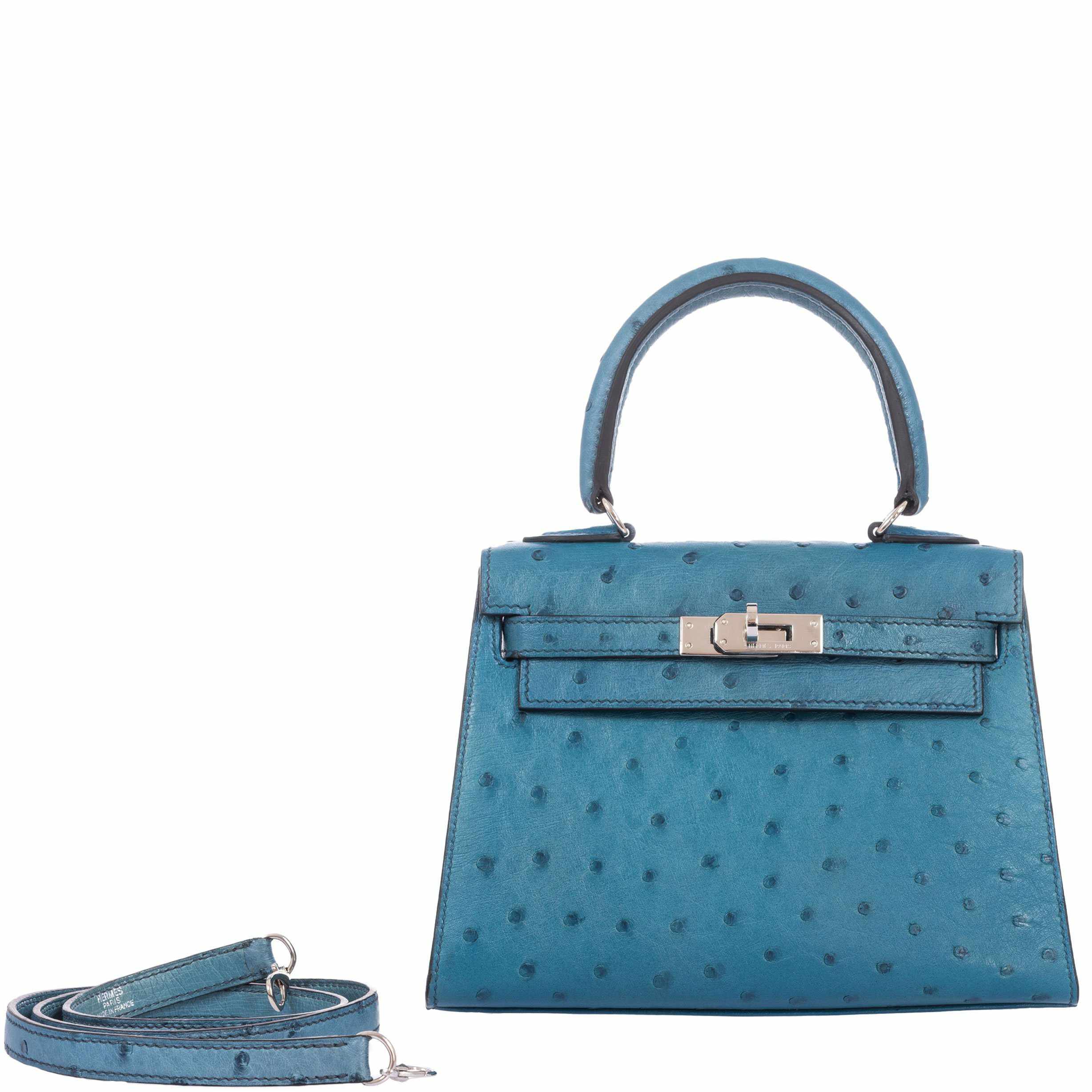 Hermès Kelly 20 Sellier Blue Jean Ostrich Palladium Hardware - Rare