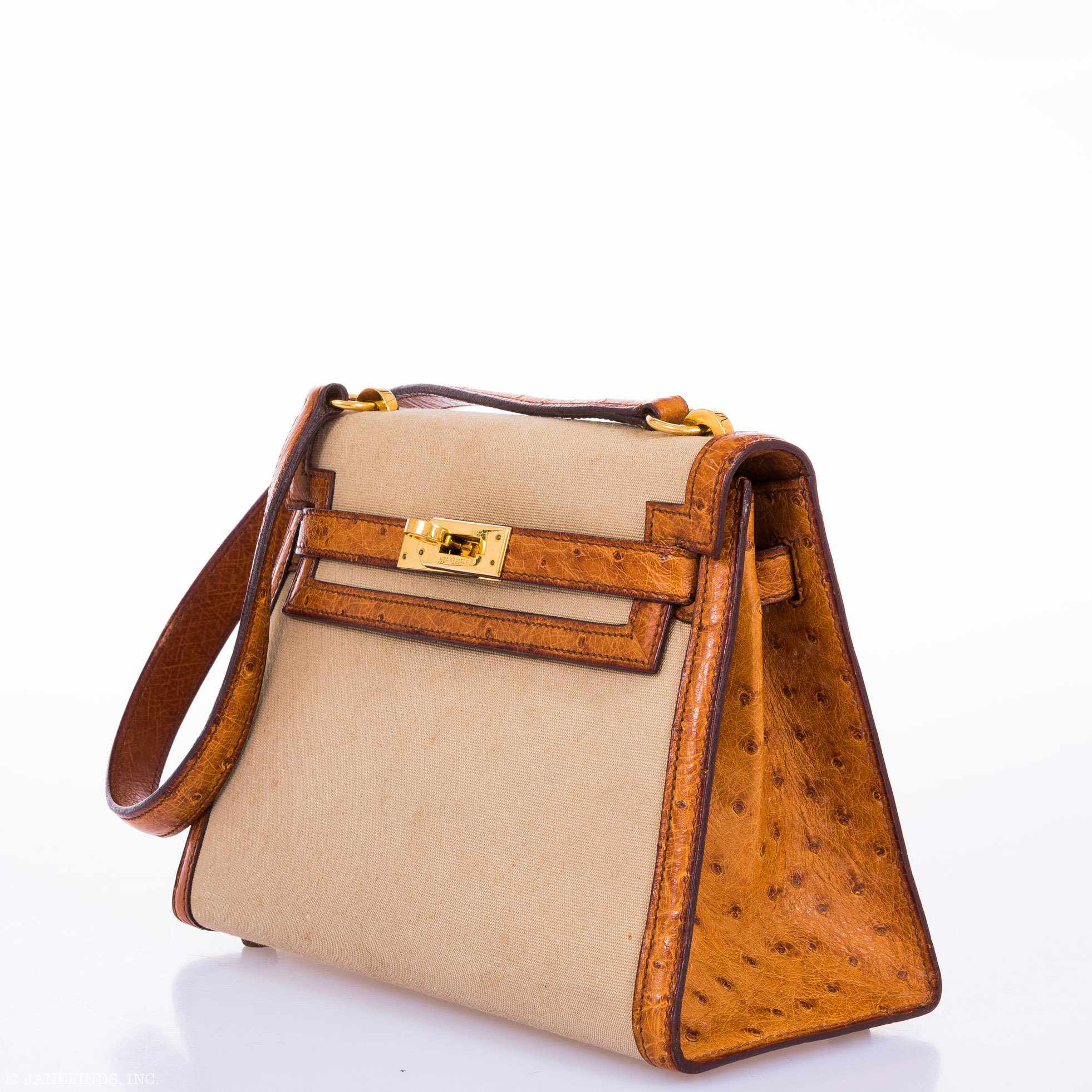 Hermès Kelly 20 Sellier Gold Ostrich & Natural Toile Gold Hardware - Vintage Rare
