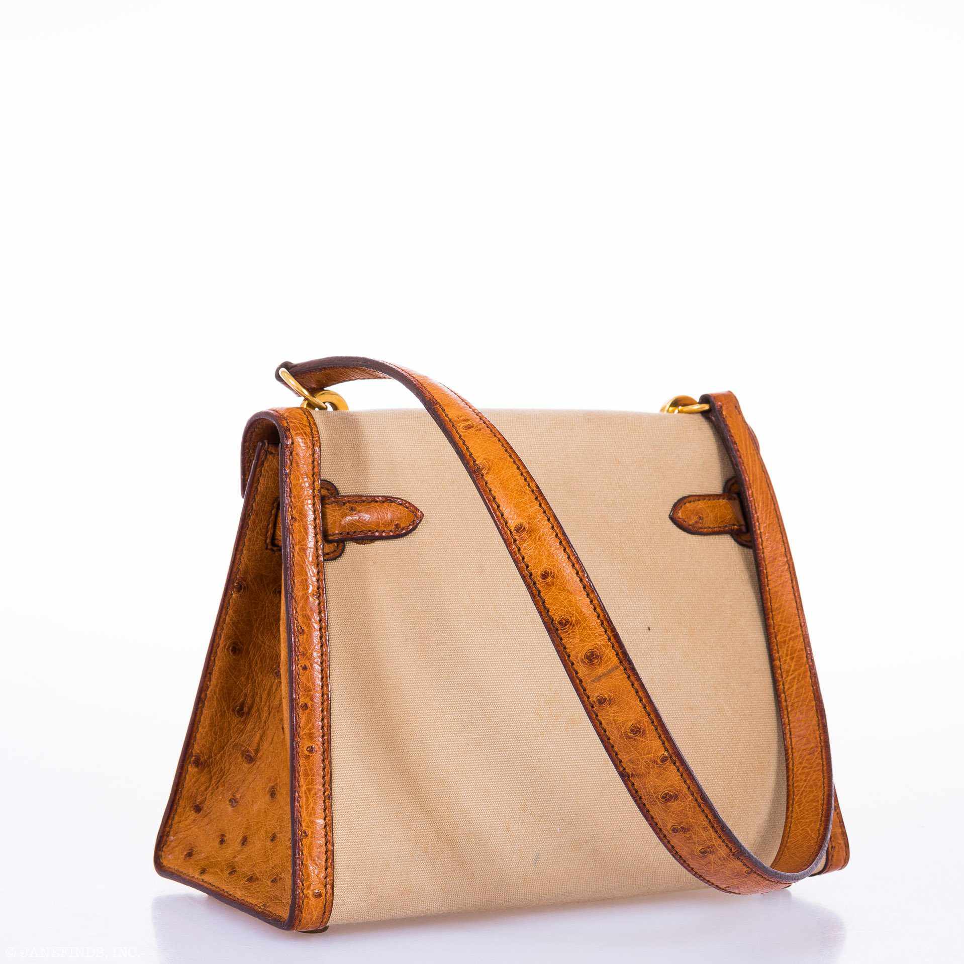 Hermès Kelly 20 Sellier Gold Ostrich & Natural Toile Gold Hardware - Vintage Rare