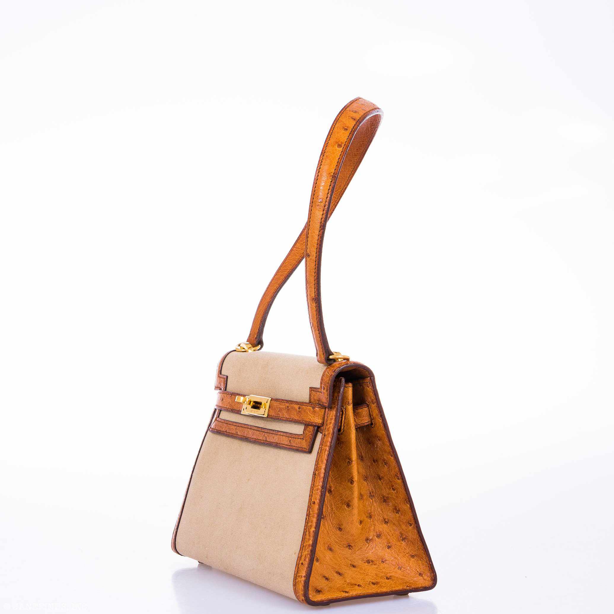 Hermès Kelly 20 Sellier Gold Ostrich & Natural Toile Gold Hardware - Vintage Rare