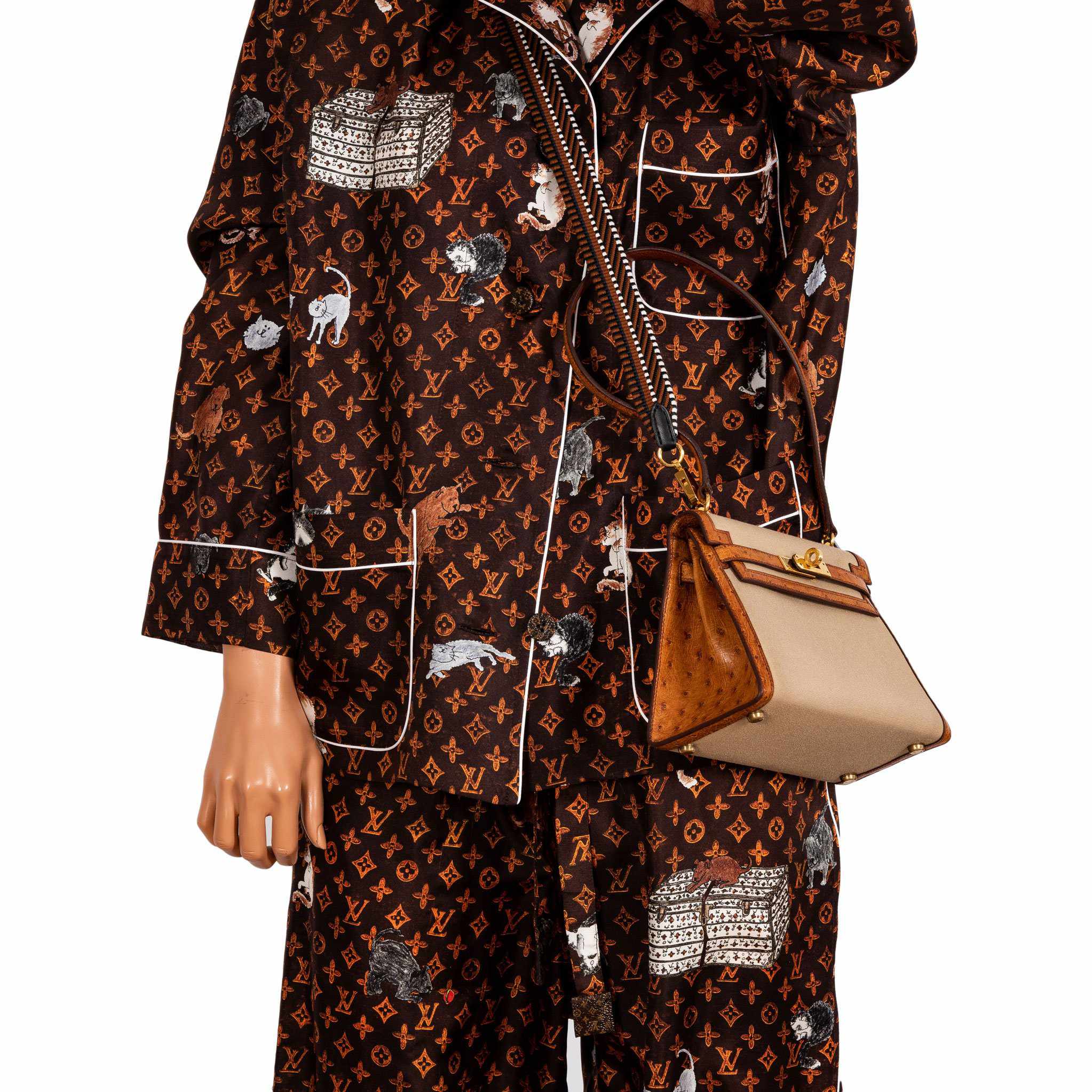 Hermès Kelly 20 Sellier Gold Ostrich & Natural Toile Gold Hardware - Vintage Rare