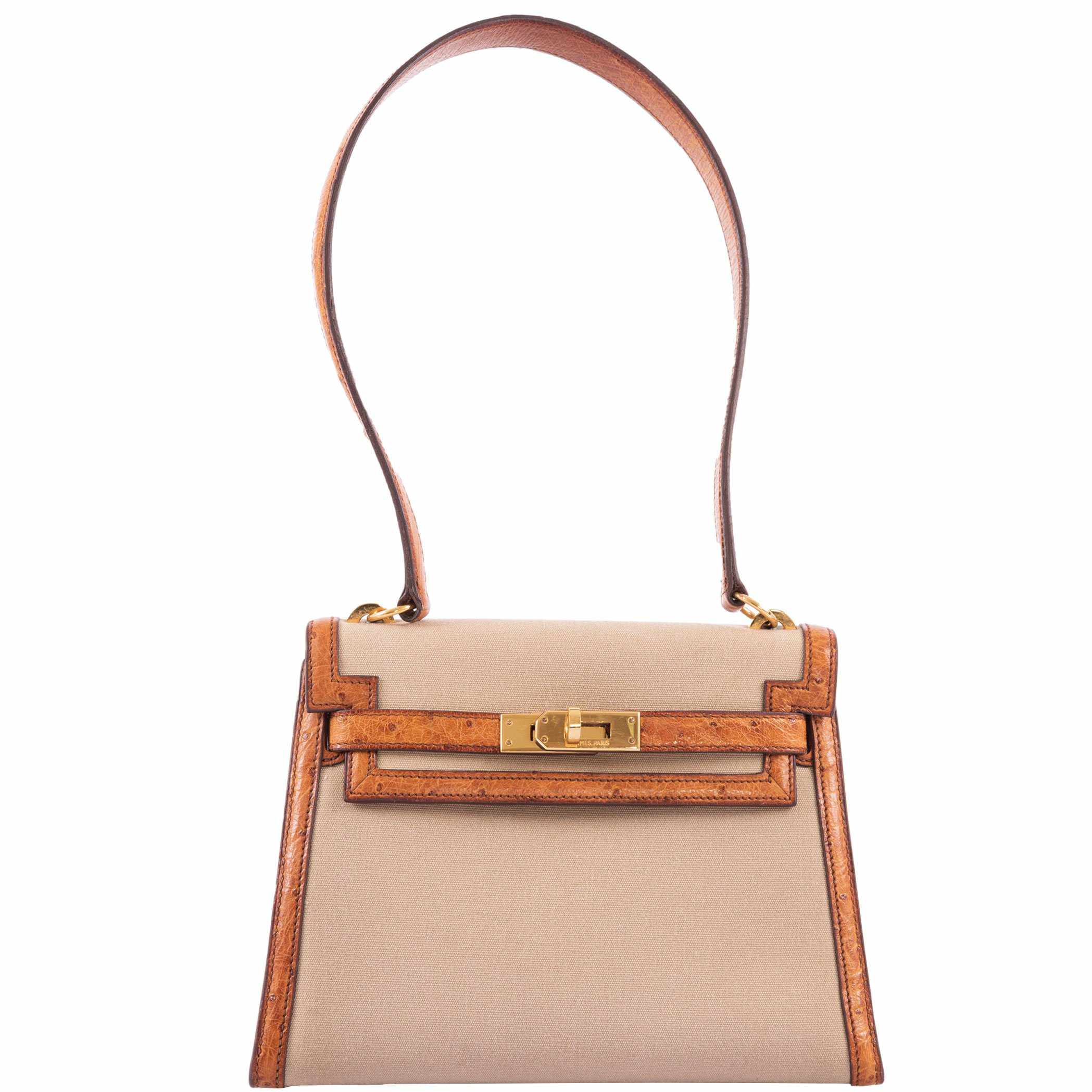 Hermès Kelly 20 Sellier Gold Ostrich & Natural Toile Gold Hardware - Vintage Rare