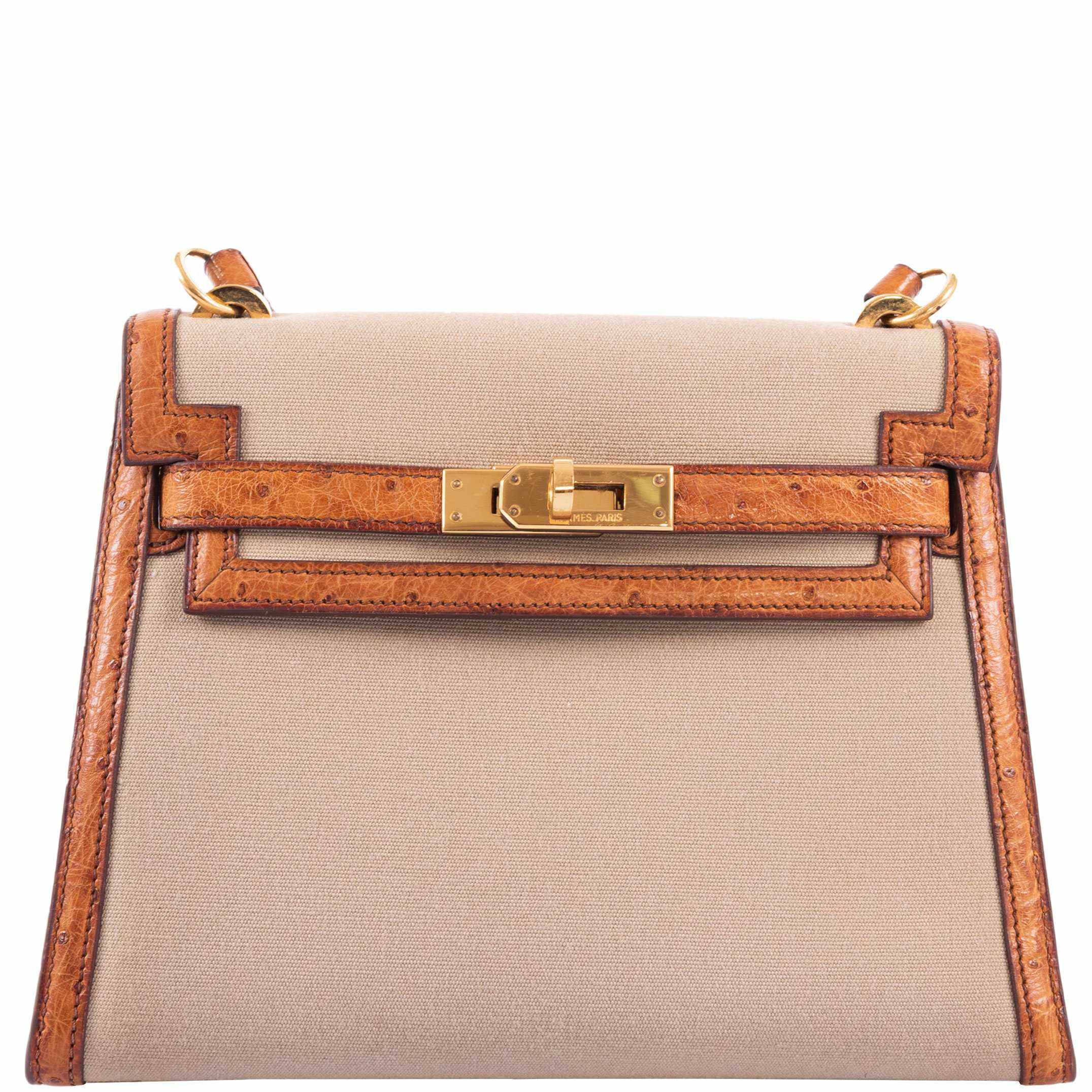 Hermès Kelly 20 Sellier Gold Ostrich & Natural Toile Gold Hardware - Vintage Rare
