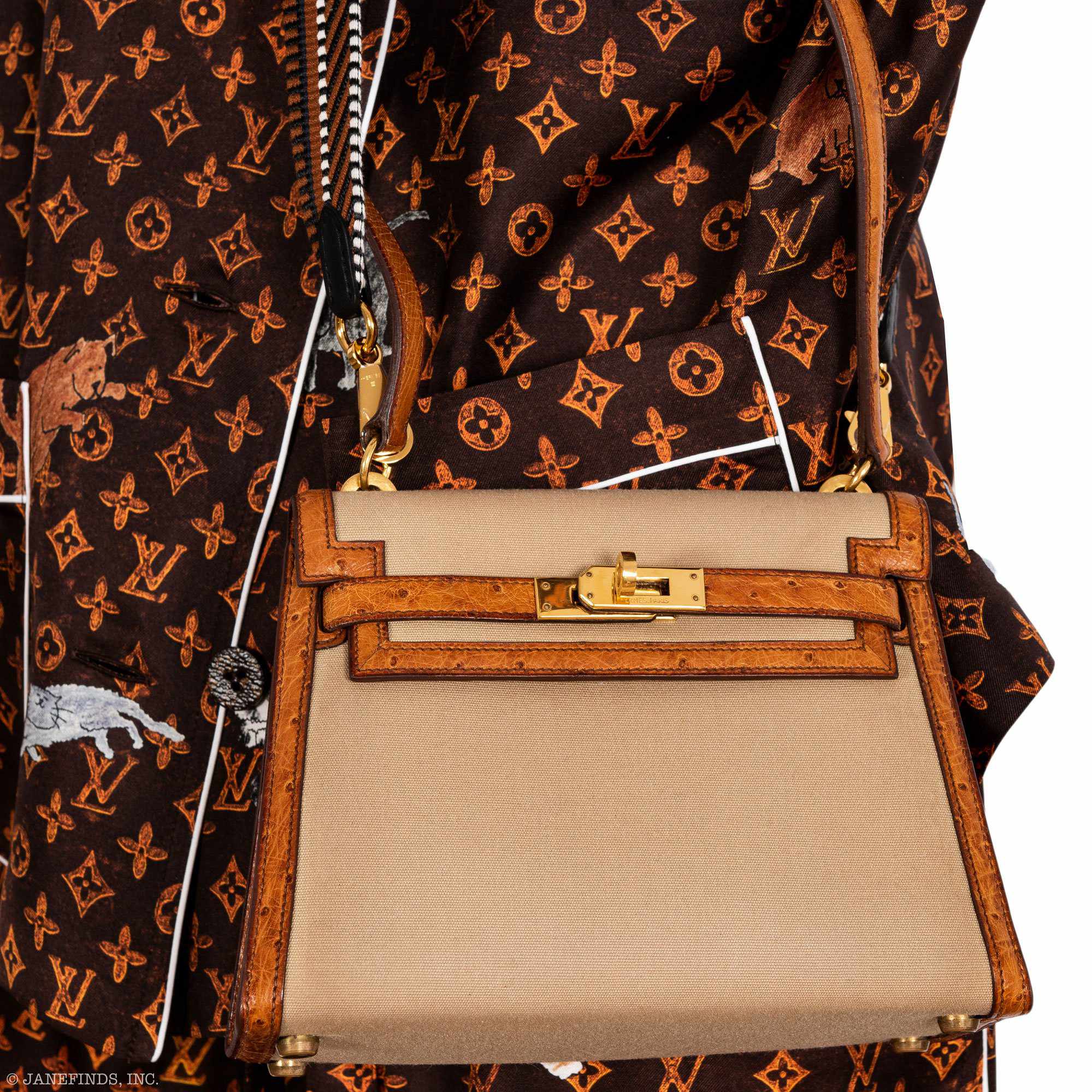 Hermès Kelly 20 Sellier Gold Ostrich & Natural Toile Gold Hardware - Vintage Rare