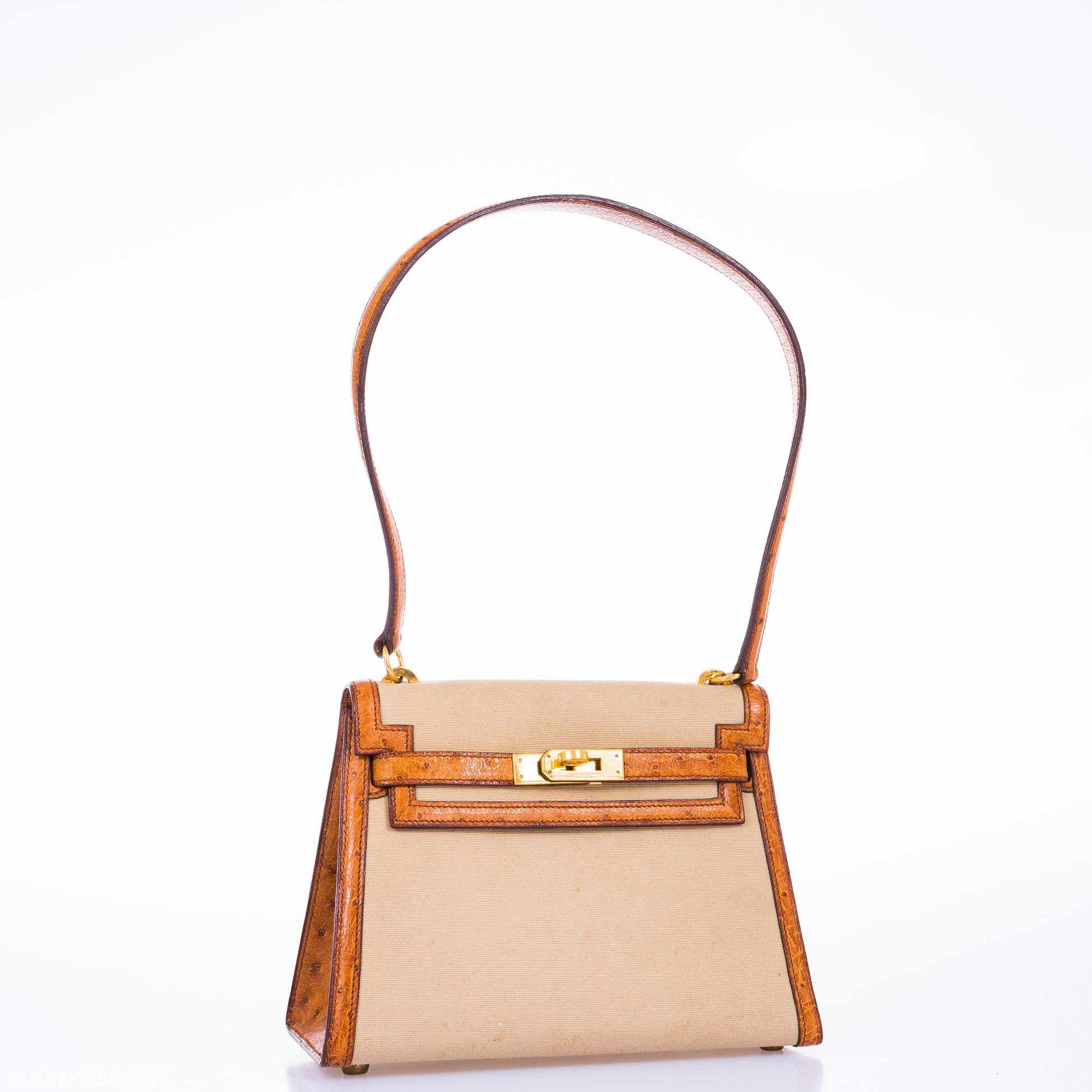 Hermès Kelly 20 Sellier Gold Ostrich & Natural Toile Gold Hardware - Vintage Rare