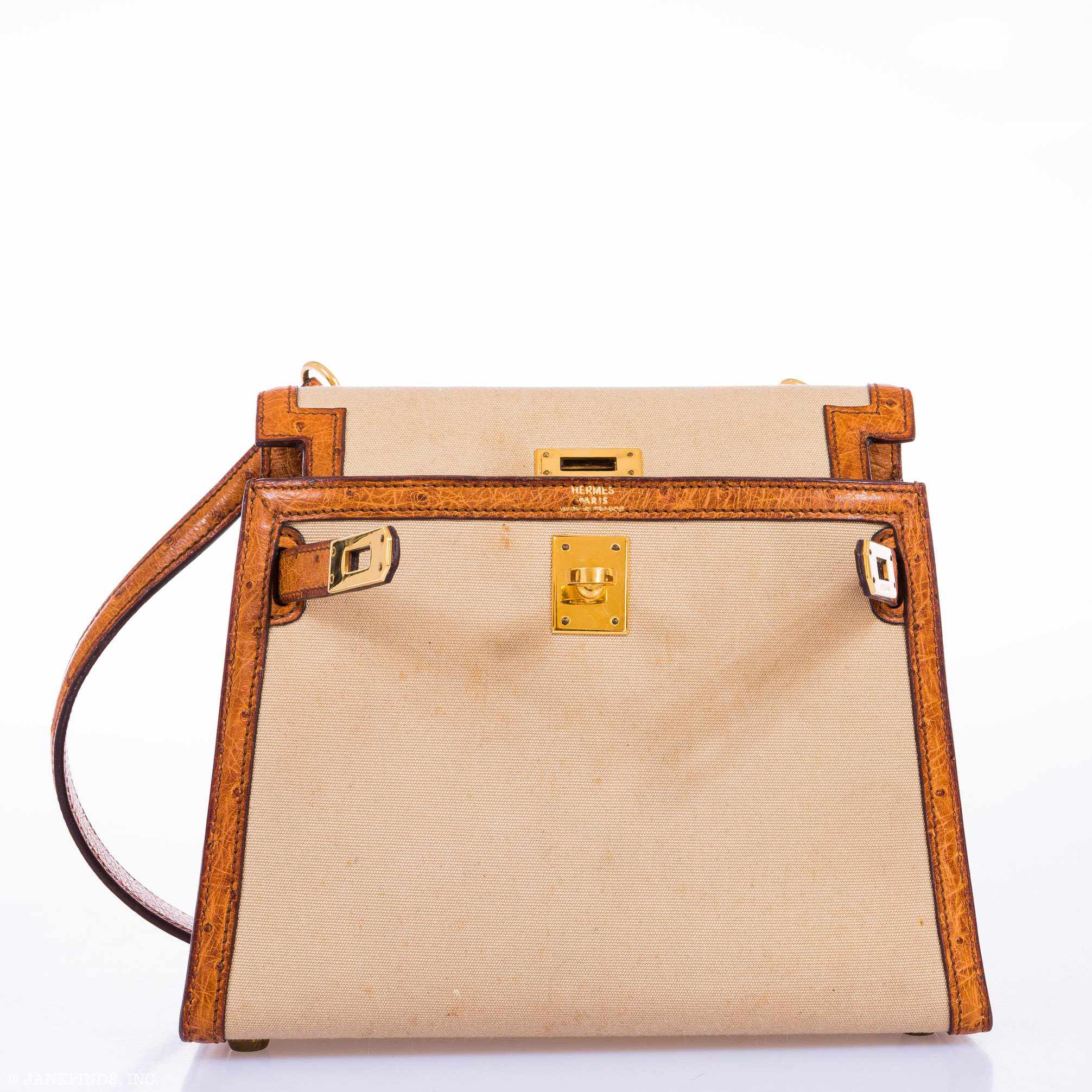 Hermès Kelly 20 Sellier Gold Ostrich & Natural Toile Gold Hardware - Vintage Rare