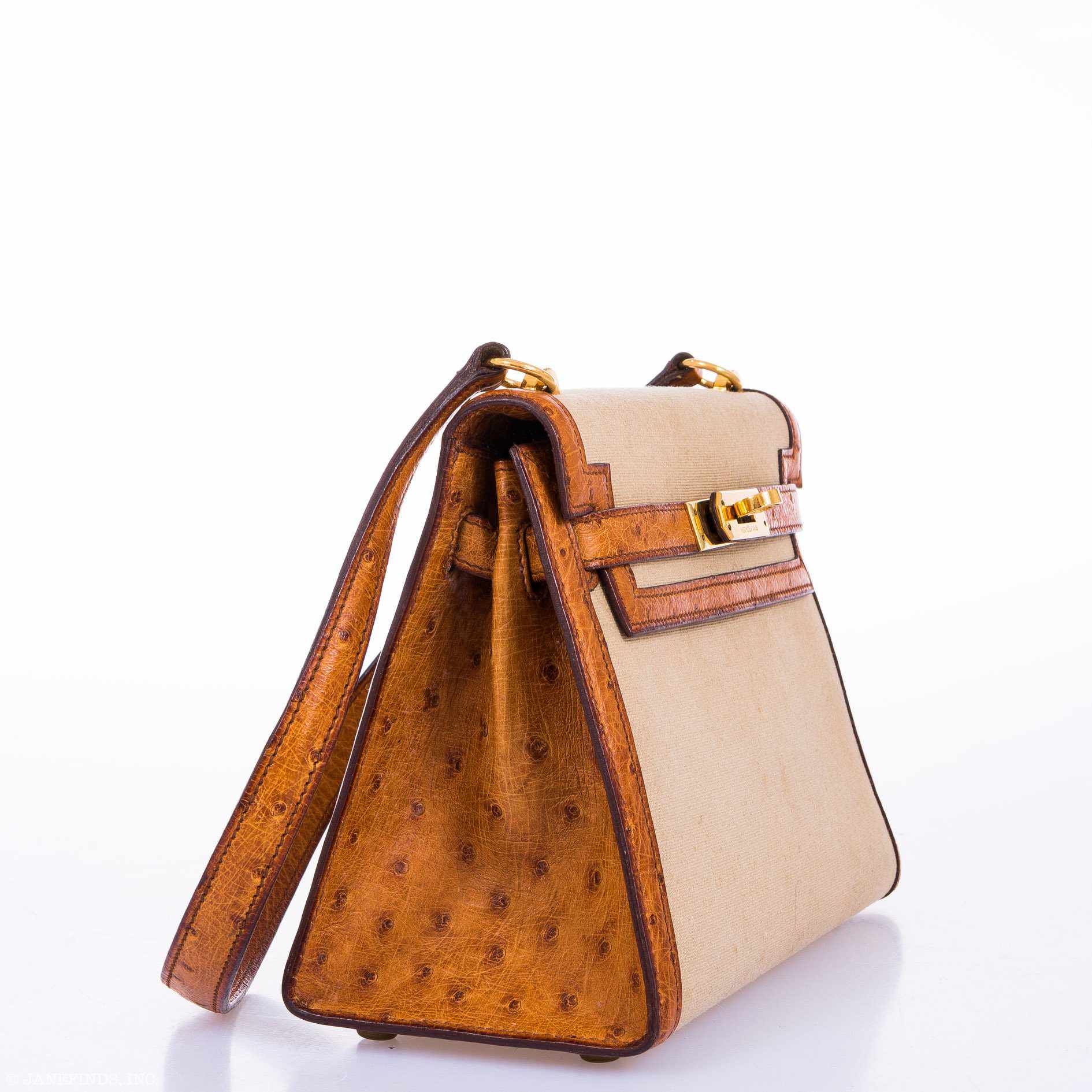 Hermès Kelly 20 Sellier Gold Ostrich & Natural Toile Gold Hardware - Vintage Rare