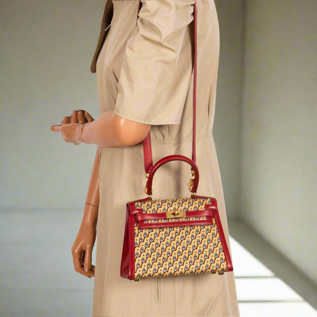 Hermès Kelly 20 Sellier Owl Print Silk Jaune & Rouge Vif Box Calf Gold Hardware
