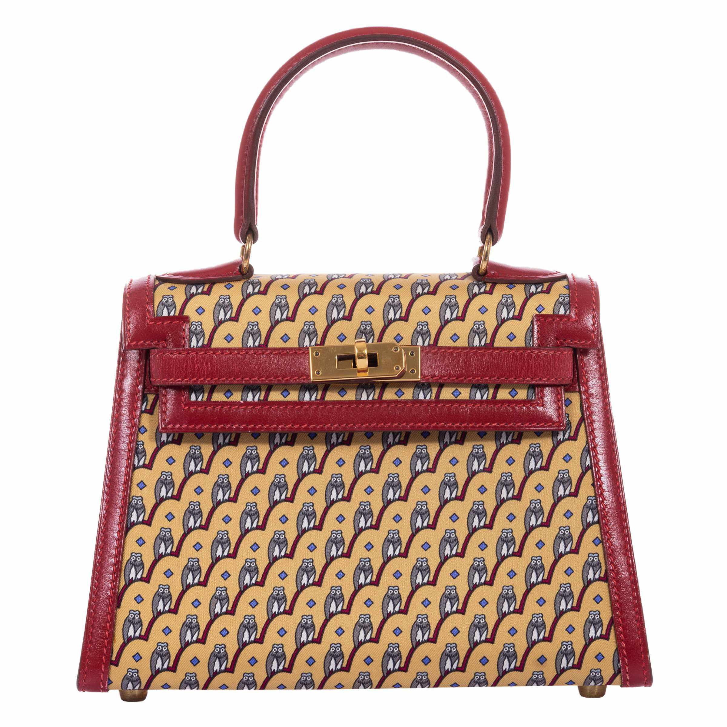 Hermès Kelly 20 Sellier Owl Print Silk Jaune & Rouge Vif Box Calf Gold Hardware