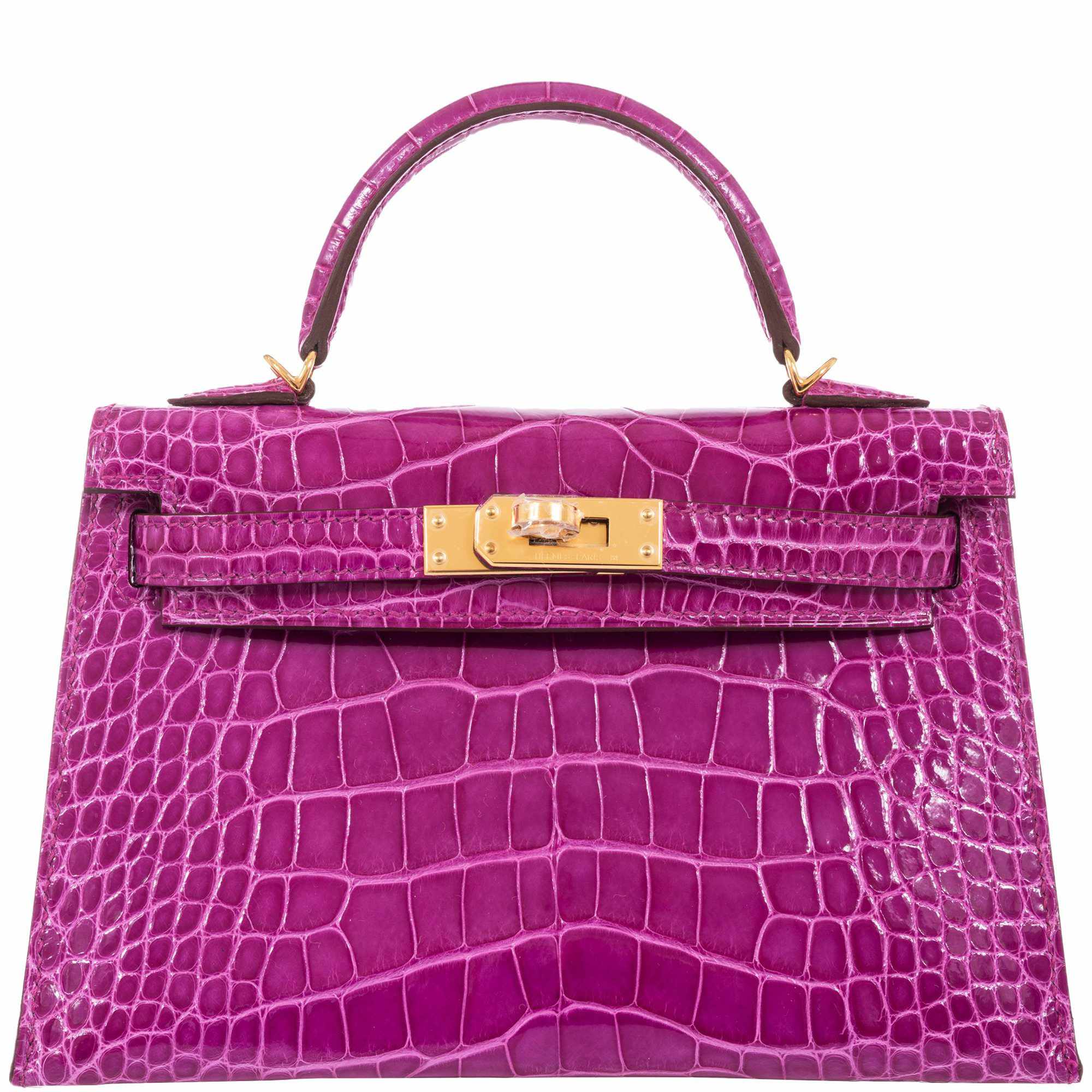 Hermes Kelly 28 Sellier Bag Rose Scheherazade Crocodile Gold Hardware •  MIGHTYCHIC • 