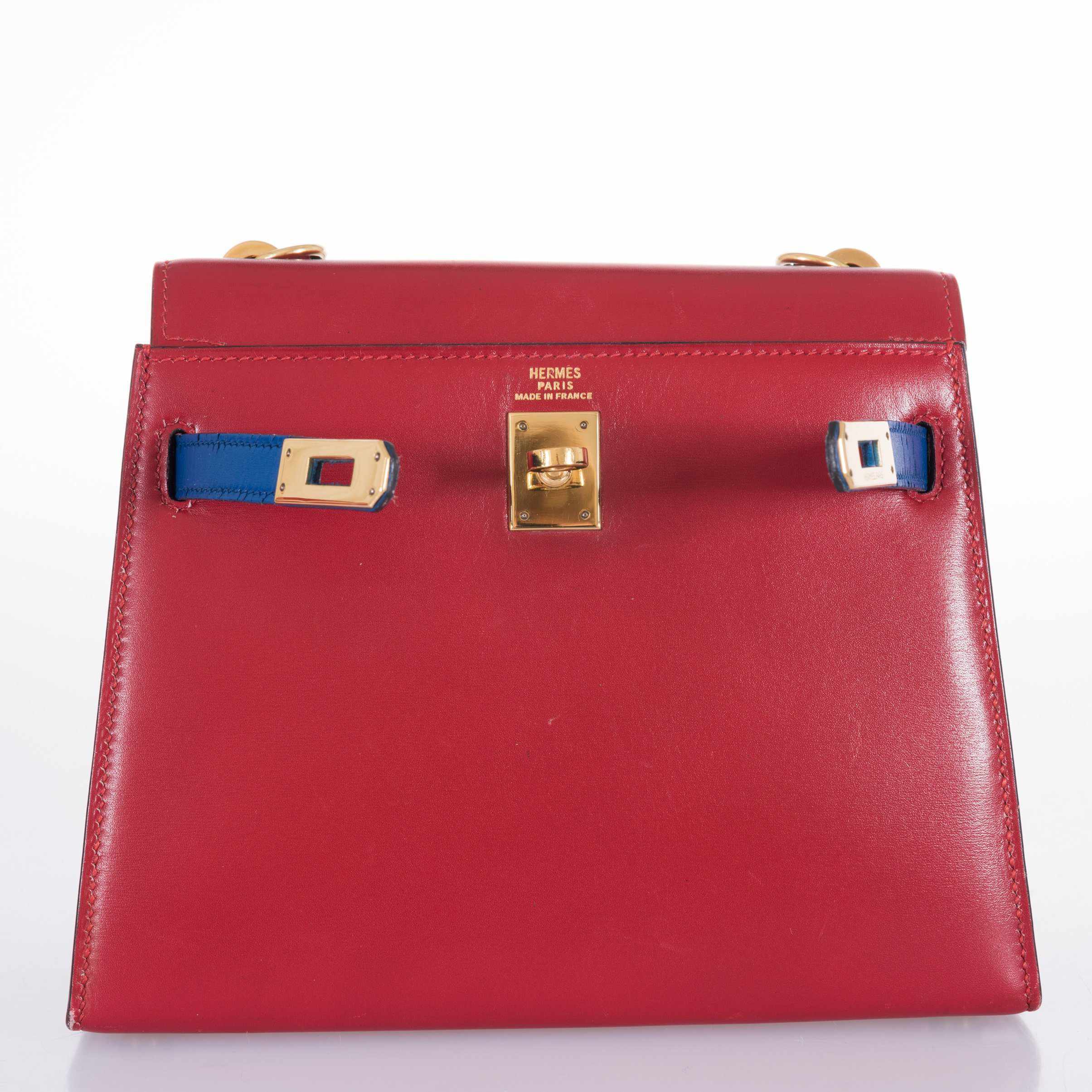 Hermès Kelly 20 Sellier Rouge Vif/Bleu Saphir Box Calf Gold Hardware