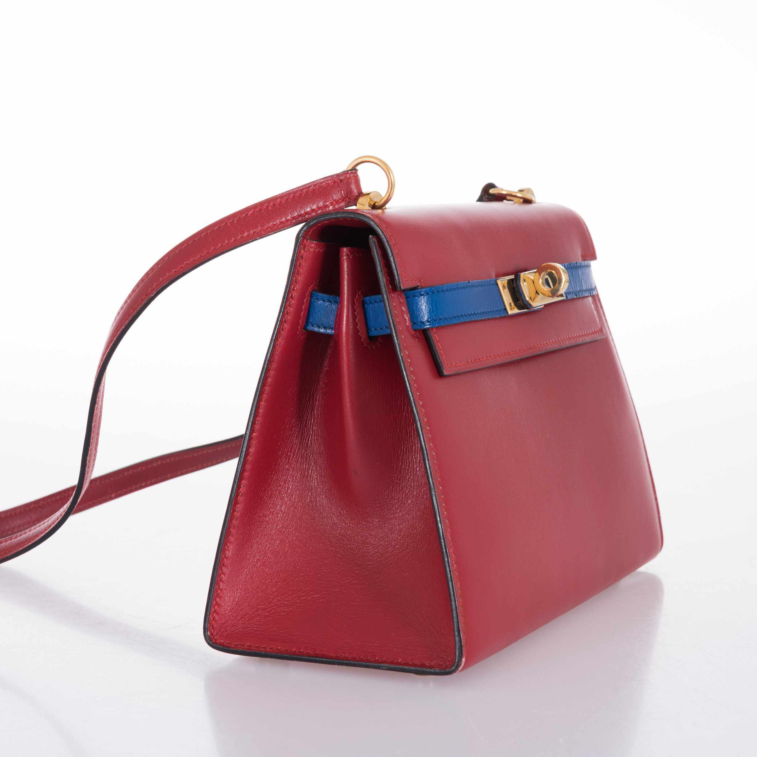 Hermès Kelly 20 Sellier Rouge Vif/Bleu Saphir Box Calf Gold Hardware