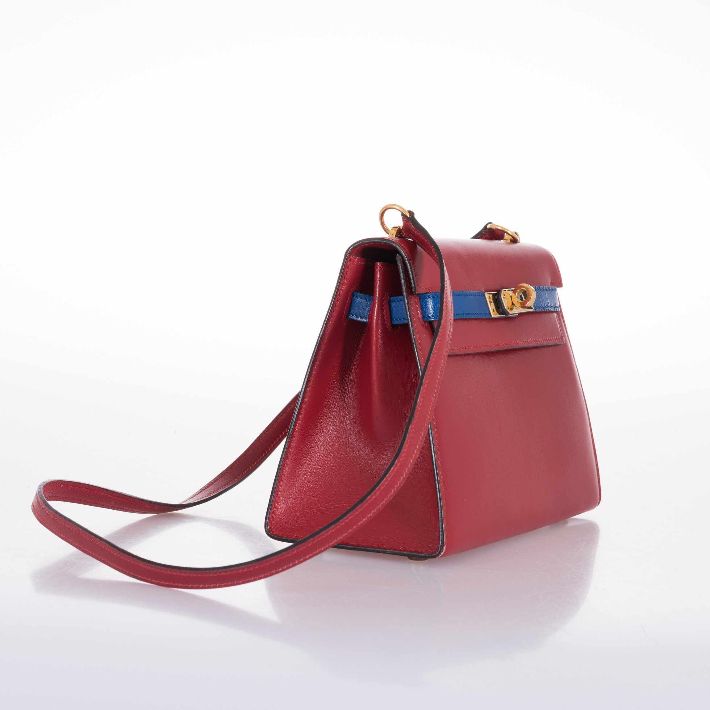 Hermès Kelly 20 Sellier Rouge Vif/Bleu Saphir Box Calf Gold Hardware