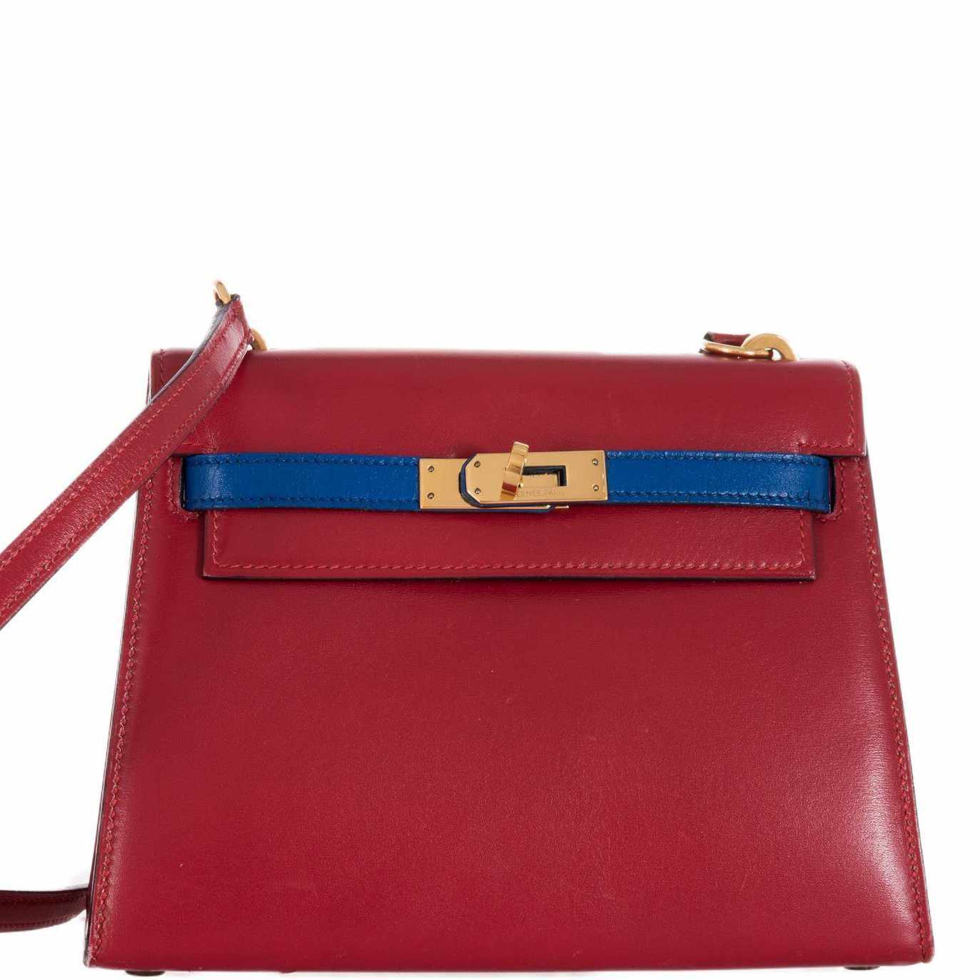 Hermès Kelly 20 Sellier Rouge Vif/Bleu Saphir Box Calf Gold Hardware