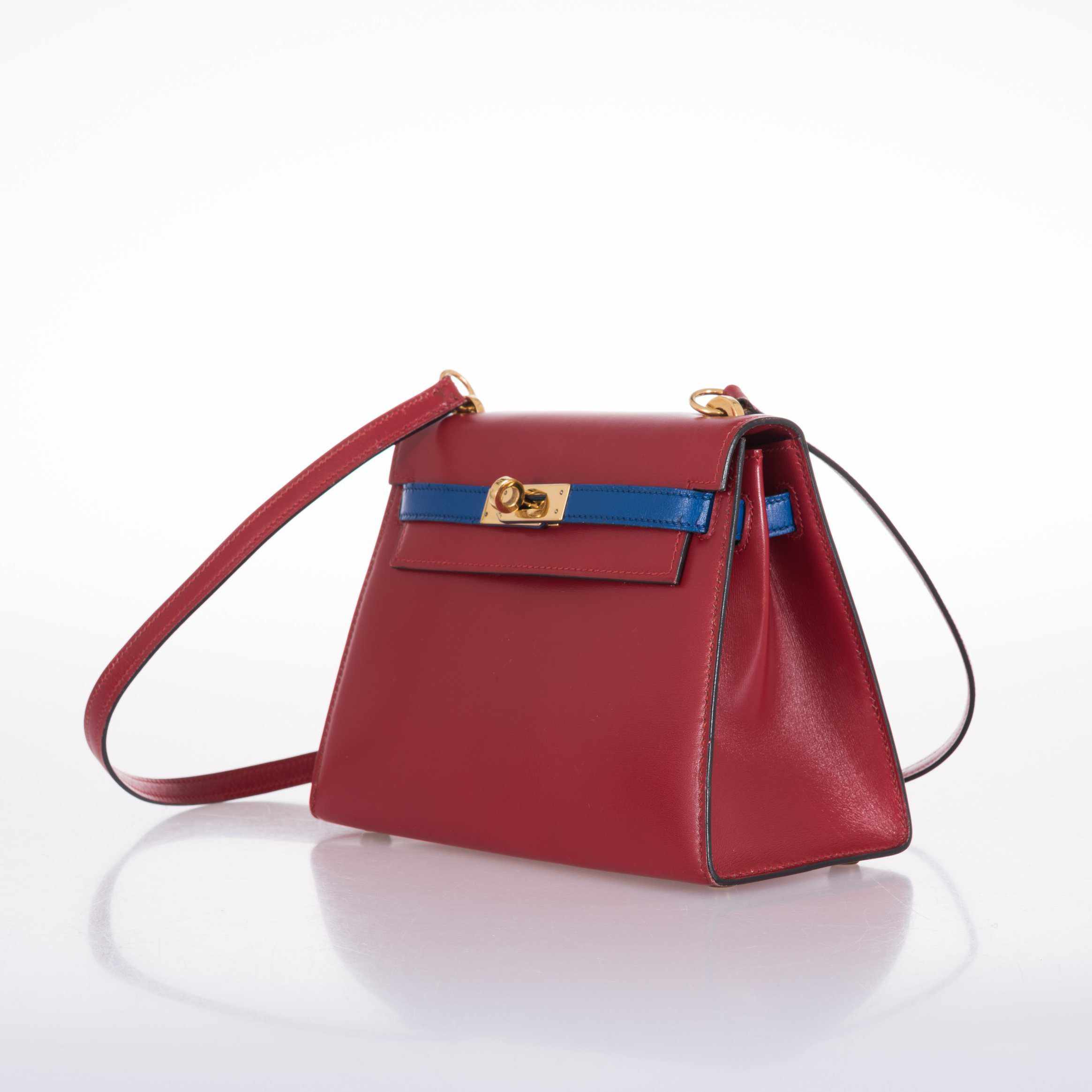 Hermès Kelly 20 Sellier Rouge Vif/Bleu Saphir Box Calf Gold Hardware