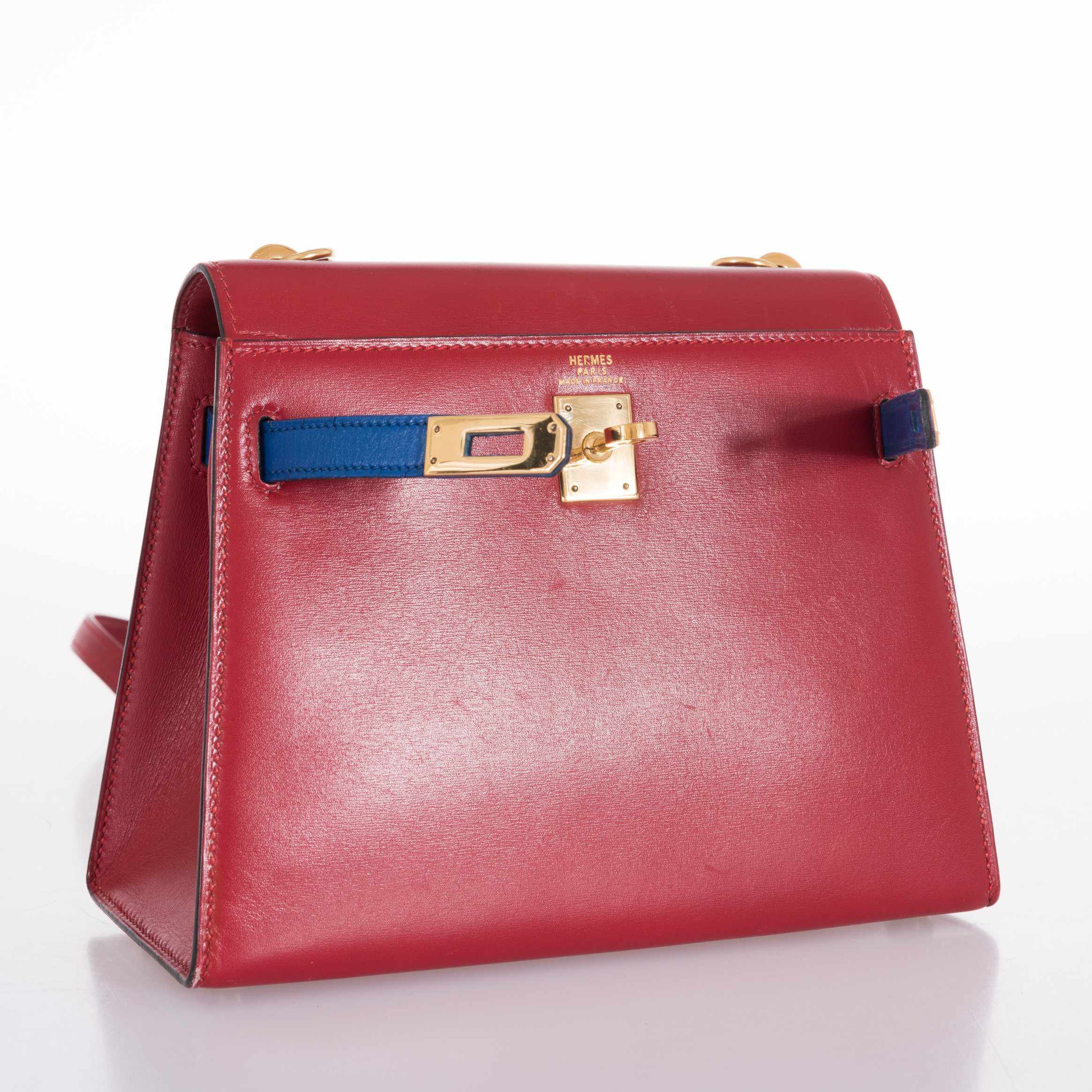 Hermès Kelly 20 Sellier Rouge Vif/Bleu Saphir Box Calf Gold Hardware
