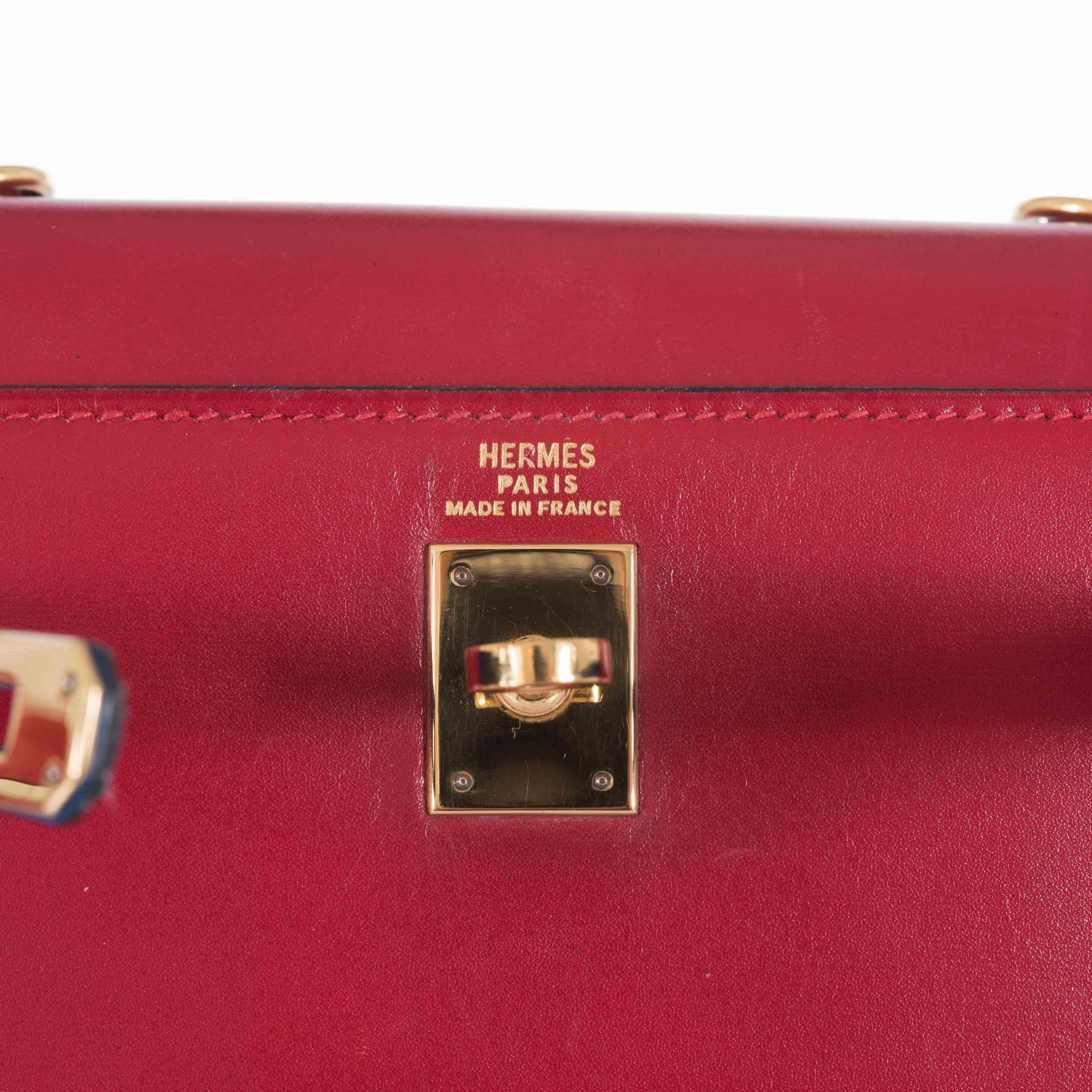 Hermès Kelly 20 Sellier Rouge Vif/Bleu Saphir Box Calf Gold Hardware