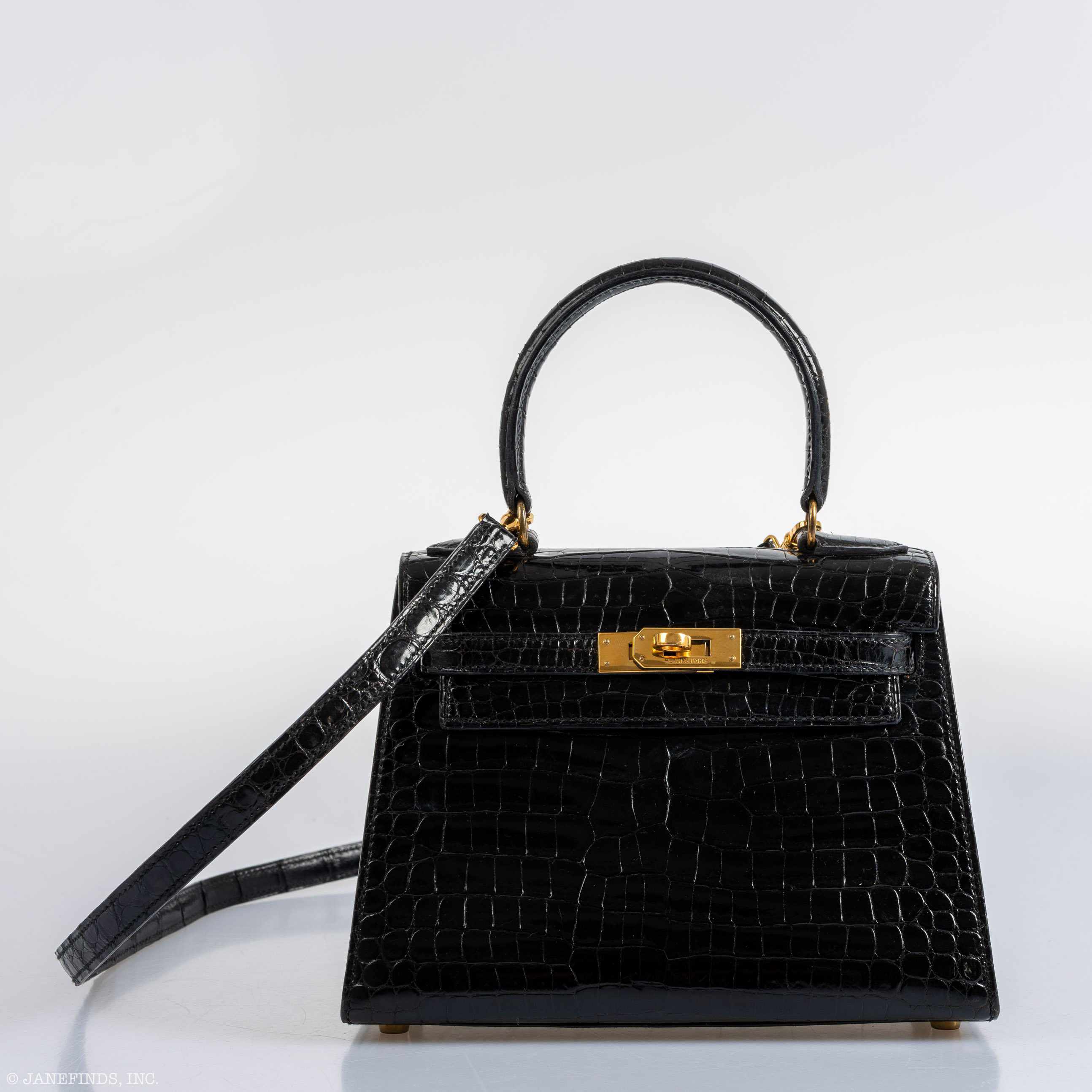 Hermès Kelly 20 Sellier Shiny Black Porosus Crocodile Gold Hardware - 1991