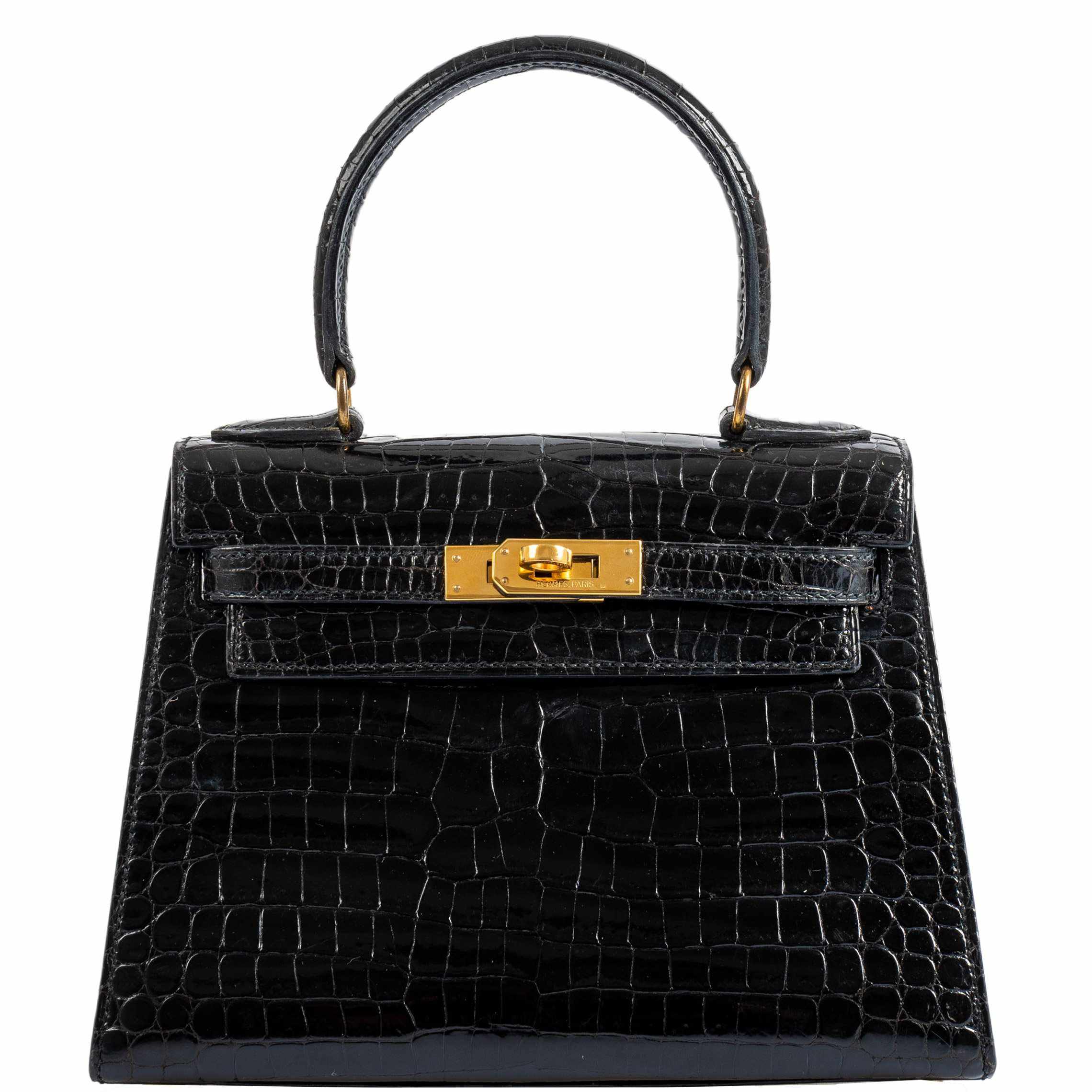 Hermès Kelly 20 Sellier Shiny Black Porosus Crocodile Gold Hardware - 1991