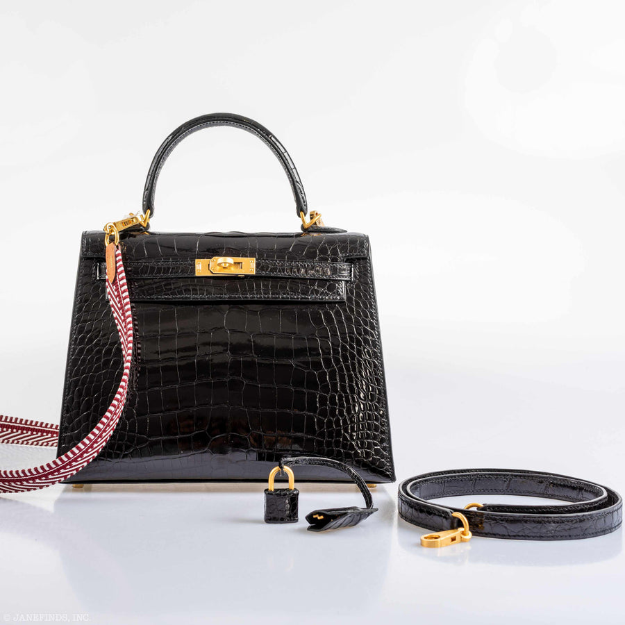 Hermès Kelly 25 HSS Sellier Black Shiny Alligator Brushed Gold Hardware