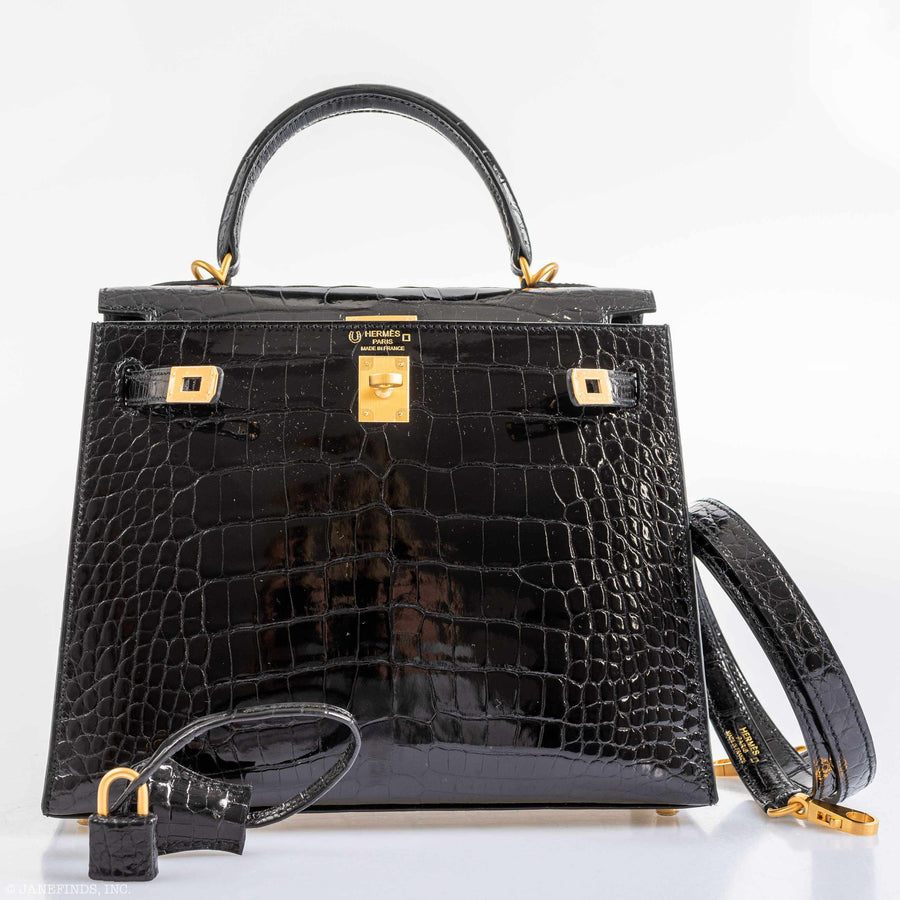 Hermès Kelly 25 HSS Sellier Black Shiny Alligator Brushed Gold Hardware
