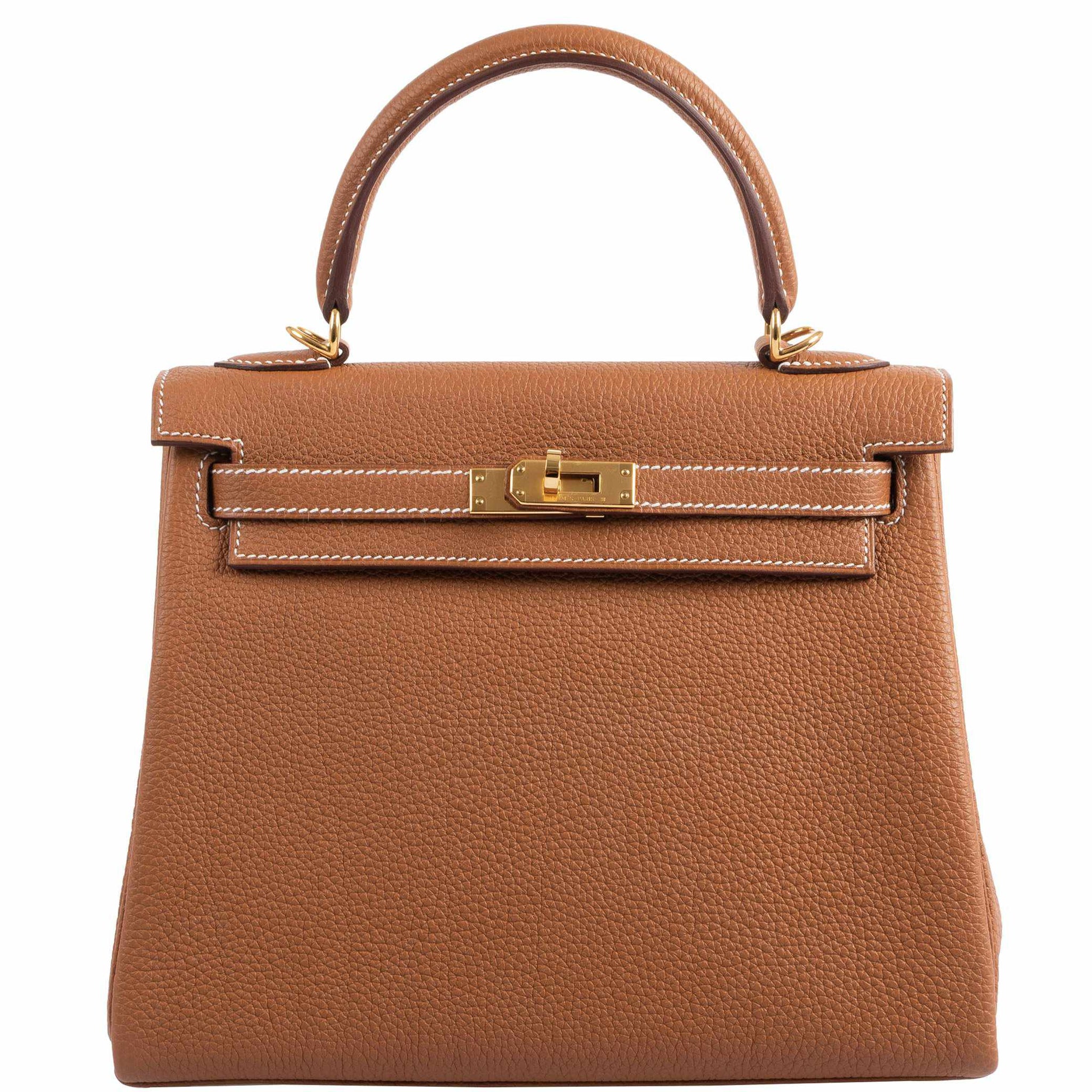 Hermes Kelly 25 Retourne Veau Togo Vert Amande Gold Hardware Leather  Handbags