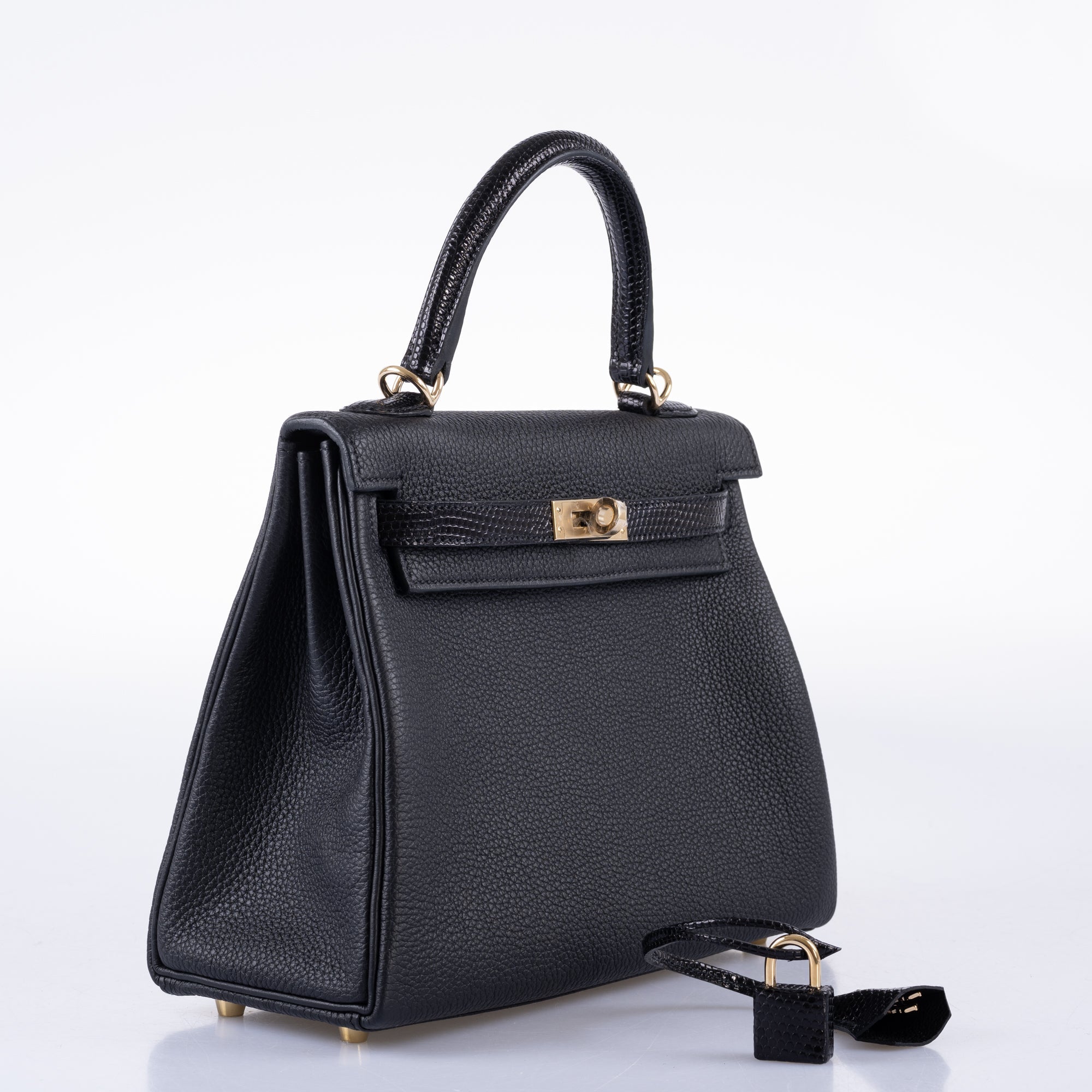 Hermès Kelly 25 Retourne Touch Black Lizard & Togo with Gold Hardware