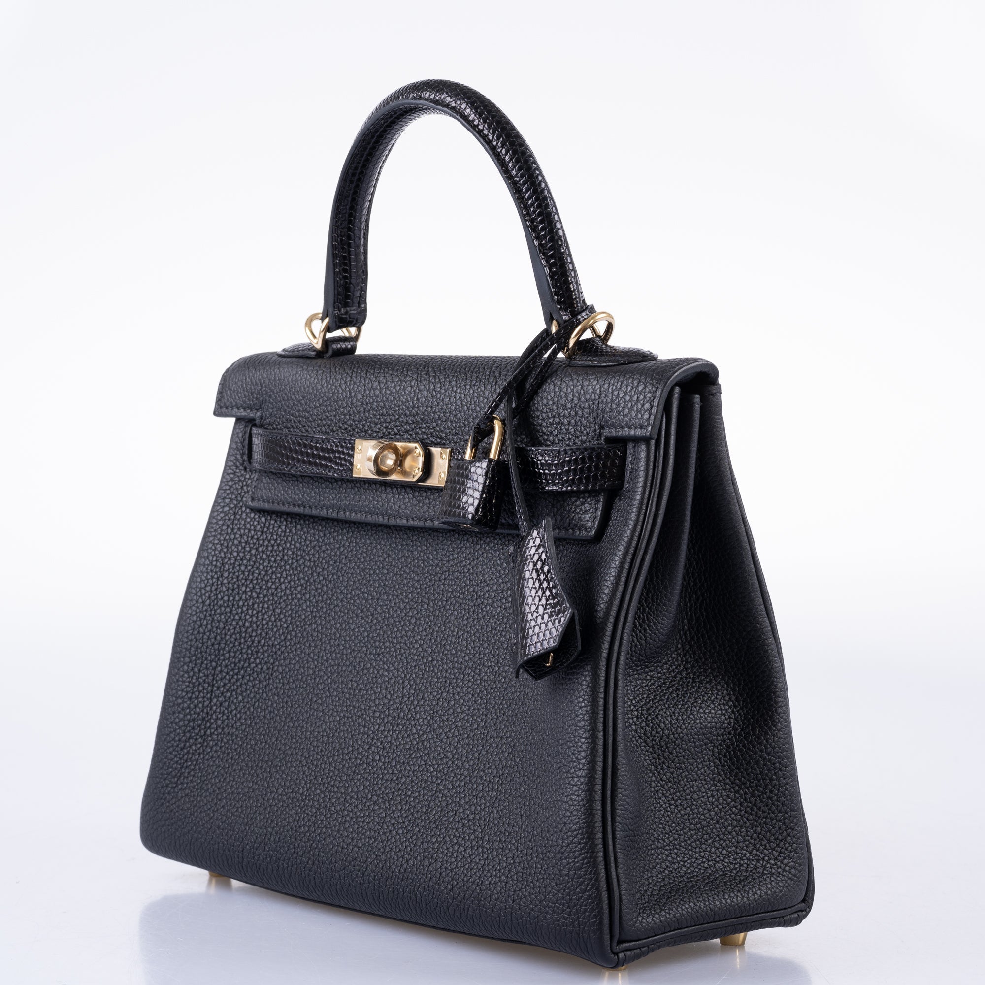 Hermès Kelly 25 Retourne Touch Black Lizard & Togo with Gold Hardware