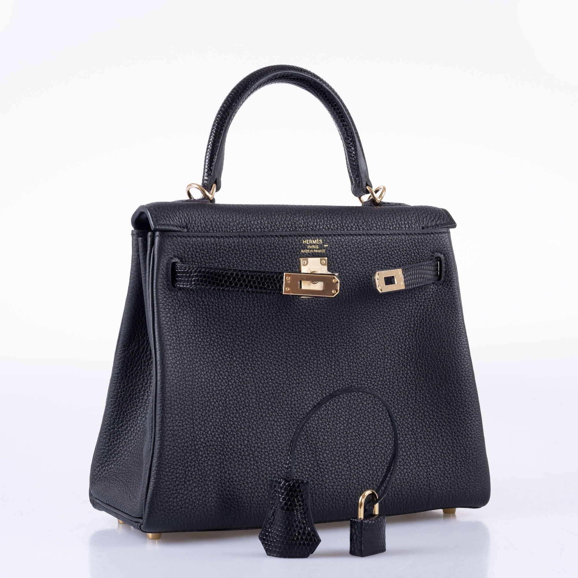 Hermès Kelly 25 Retourne Touch Black Lizard & Togo with Gold Hardware