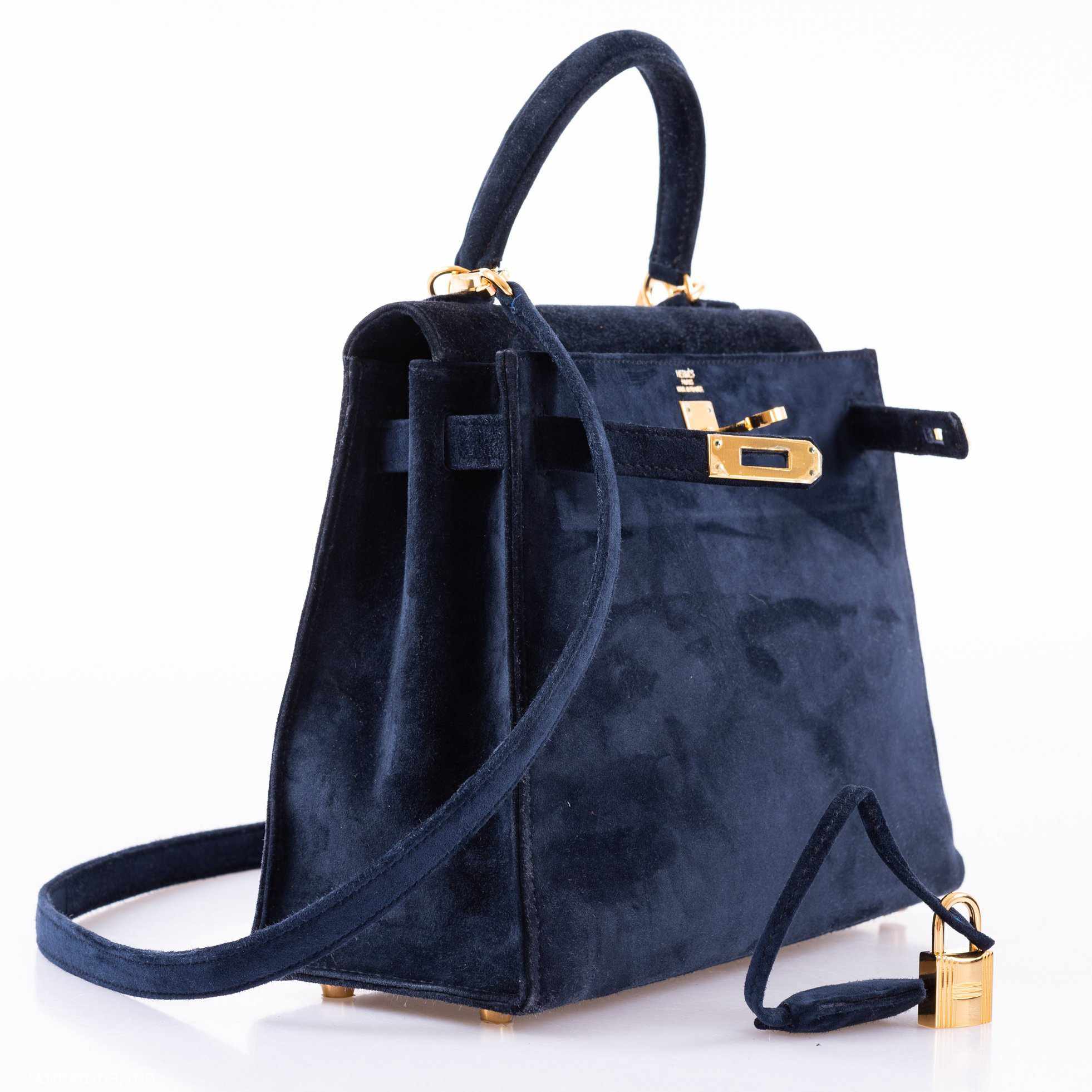 Hermès Kelly 25 Sellier Blue Sapphire Suede Gold Hardware