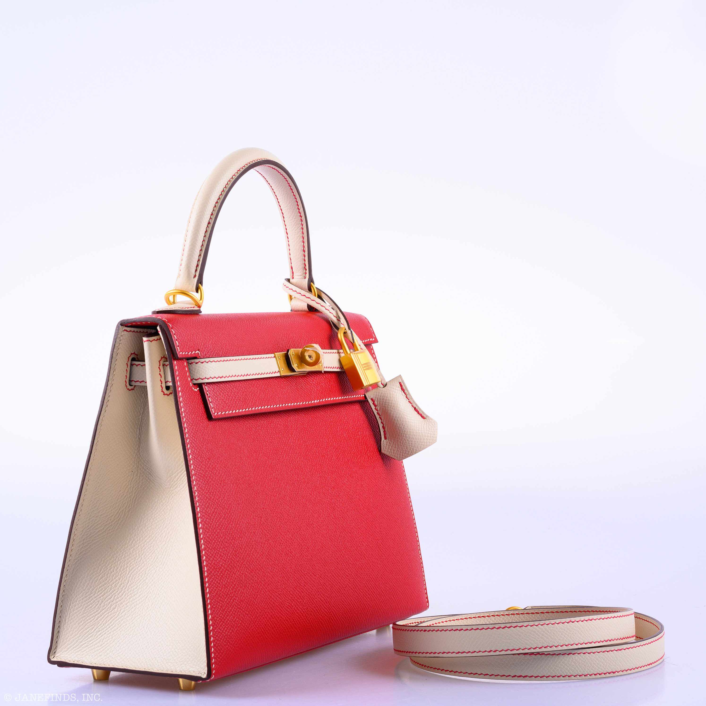 Hermès Kelly 25 Sellier HSS Bi-Color Rouge Casaque & Craie Epsom Brushed Gold Hardware - 2019, D