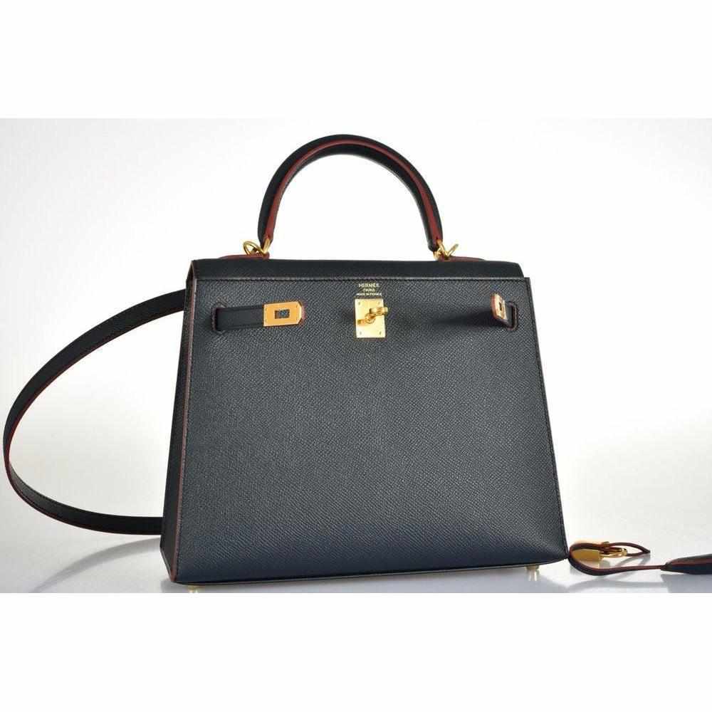 Hermès Kelly 25 Sellier Indigo and Rouge H Contour and Gold Epsom Gold Hardware