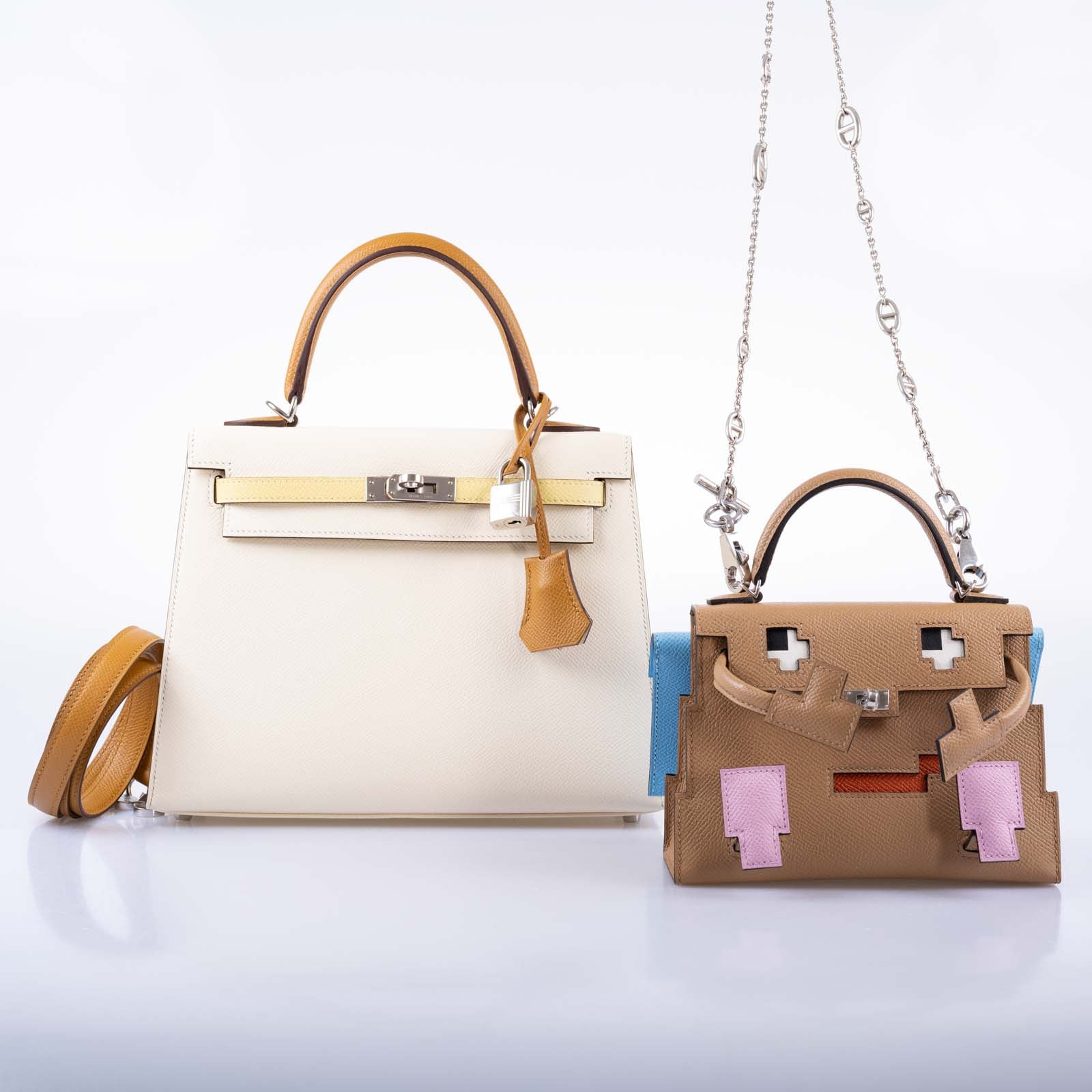 Hermès Kelly 25 Sellier Limited Edition Tri-Color Nata, Jaune Poussin and Sesame Epsom Palladium Hardware